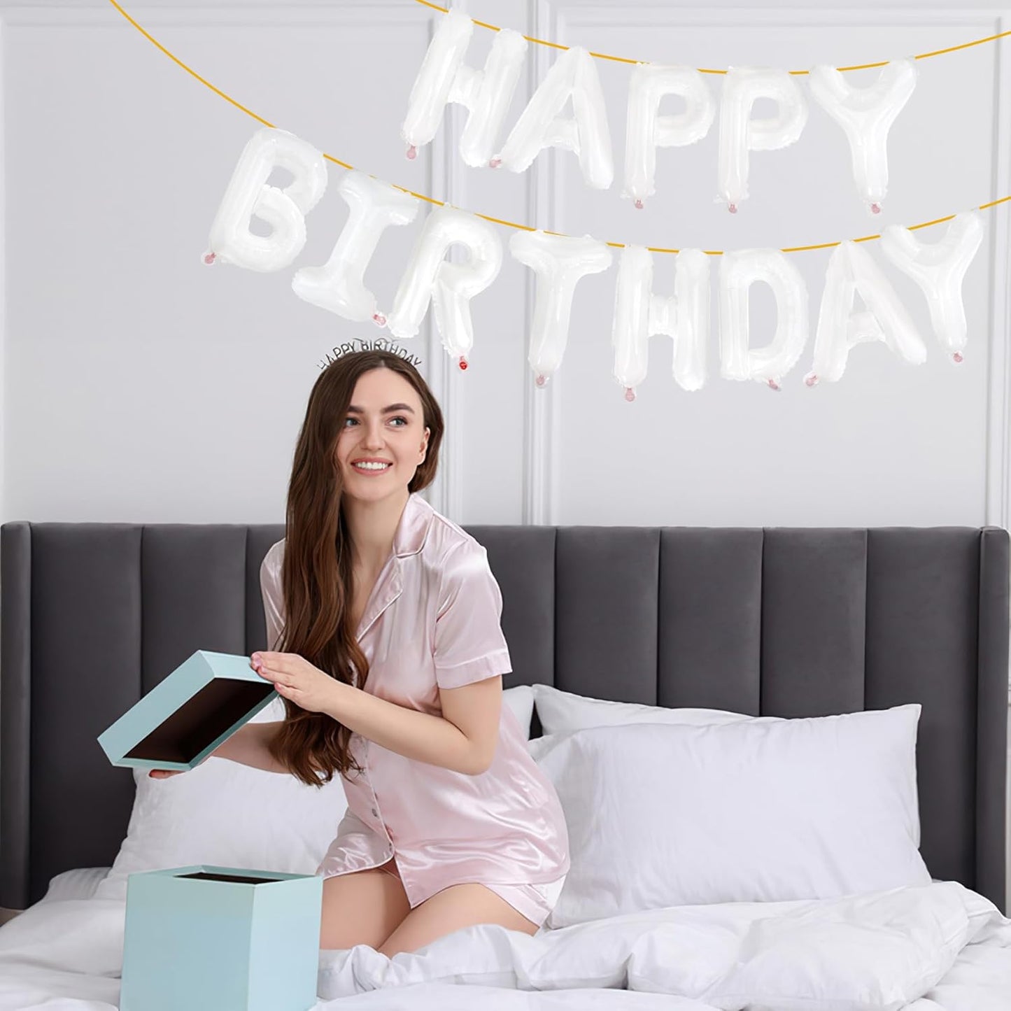 LIOZEOKUN Happy Birthday Balloon Letters 16 inch Mylar Foil Birthday Balloons Banner Sign for Birthday Party Decorations Supplies (White)