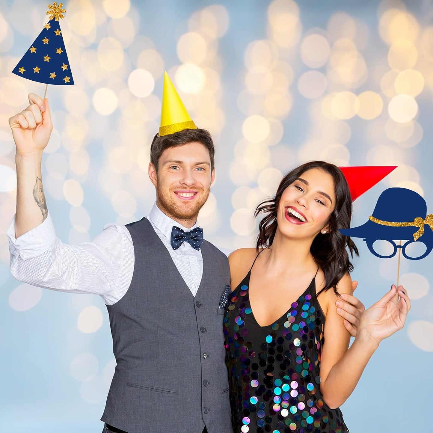 Zonon 24 Pieces Funny Photo Booth Props:Halloween,Christmas,Family Reunion, Class Reunion, Birthday, Weddings, Prom Disco Mardi Gras Party Supplies - Mix of Hats, Lipstick, Tie(Gold and Navy Blue)