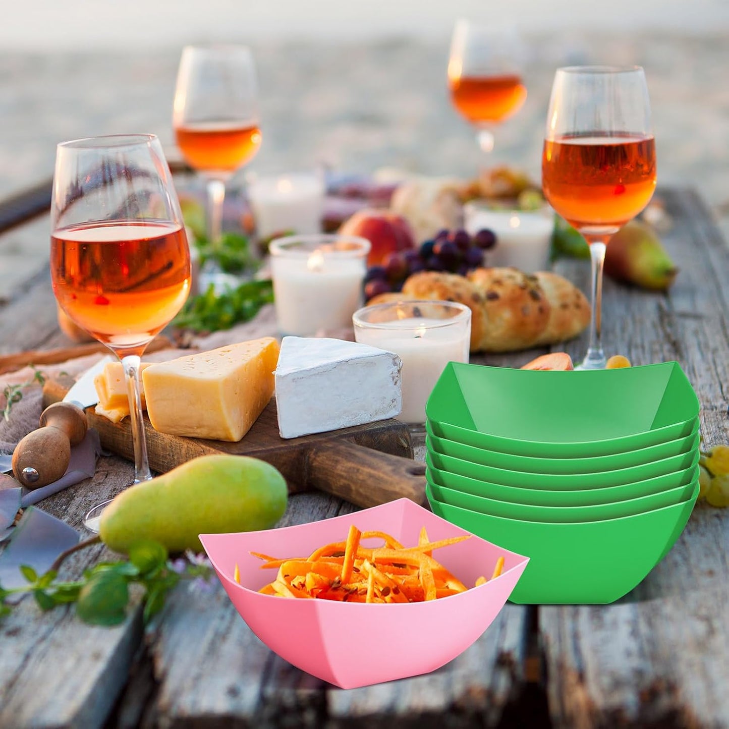 Tanlade 50 Pcs Square Plastic Serving Bowls Disposable Snack Salad Bowl Small Party Candy Bar Containers Taco Bar Serving Dishes for Buffet Chips Fruit (8 oz,Pink,Green)