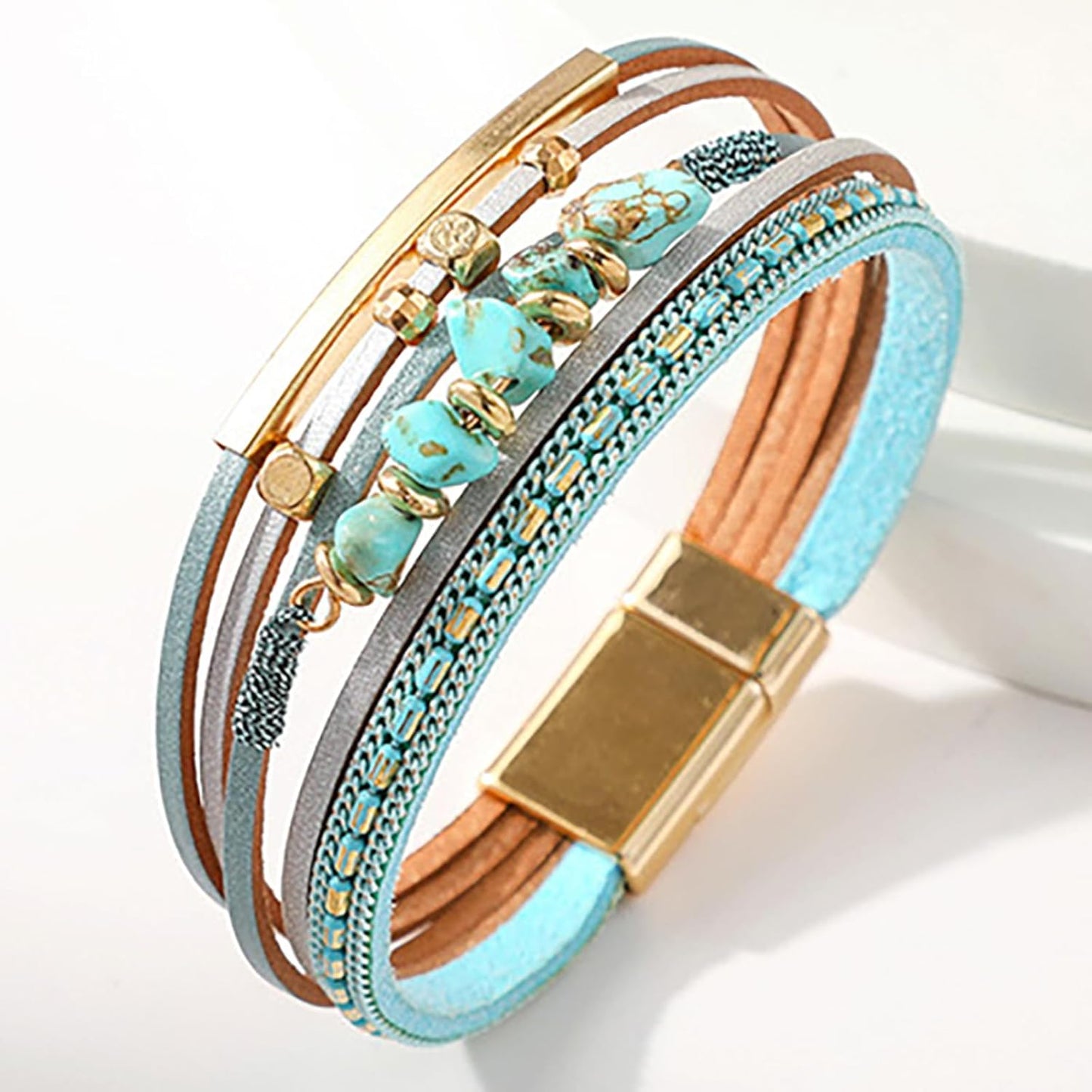 Fesciory Leather Wrap Bracelets for Women, Boho Leopard Multi-Layer Crystal Beads Cuff Bracelet Jewelry