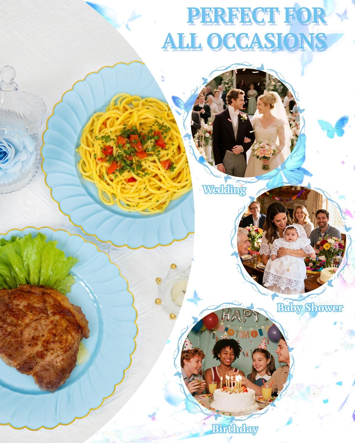 YOUBET 175PCS Blue Scalloped Plastic Plates - Light Blue Disposable Dinnerware Set Include 50 Plates, 75 Gold Silverware, 25 Cups, 25 Napkins for Party & Wedding & Baby Shower