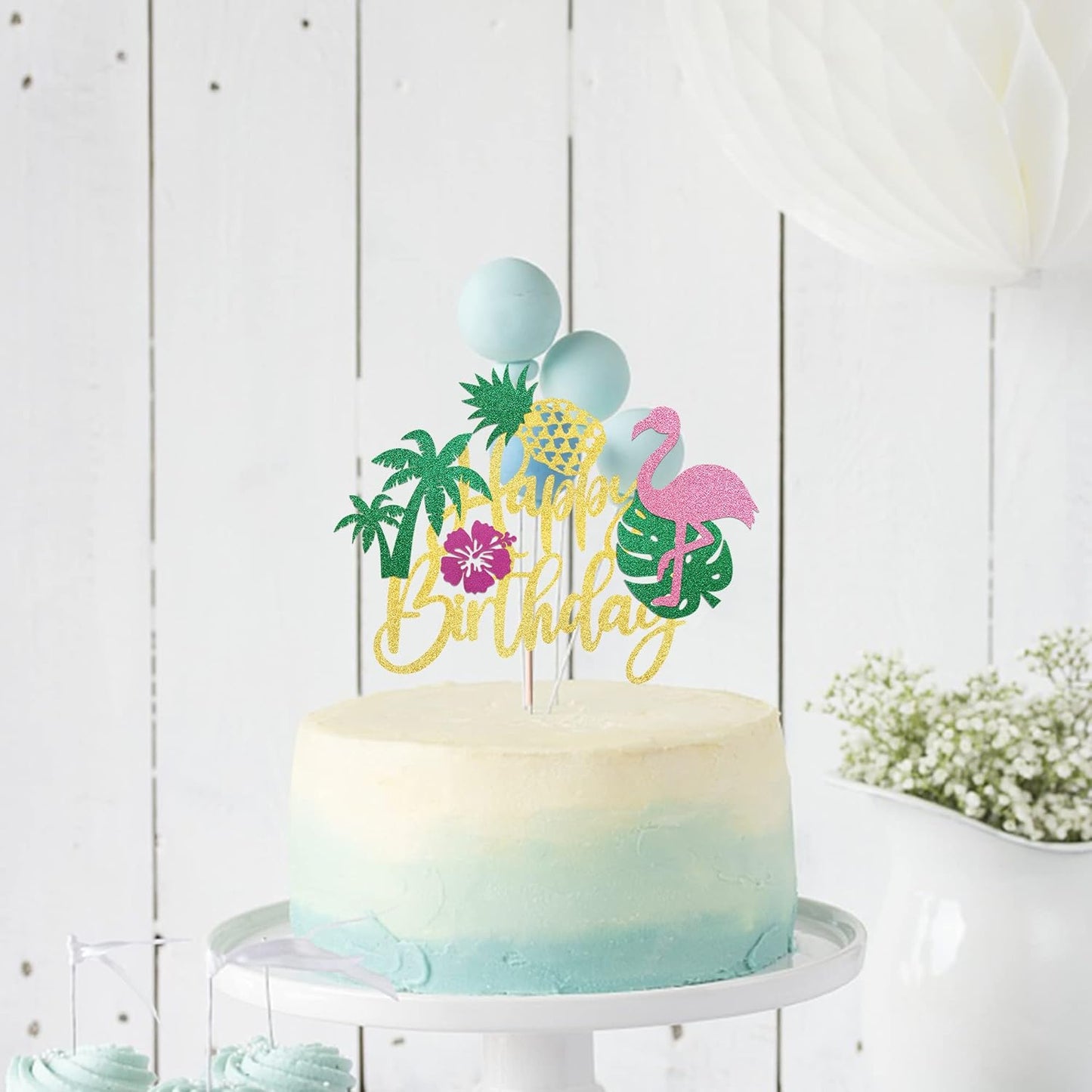 1 Pack Happy Birthday Cake Topper Tropical Hawaiian Luau Cake Pick Glitter Flamingo Plam Leave Pineapple Cake Decoration for Summer Baby Shower Birthday Party Supplies