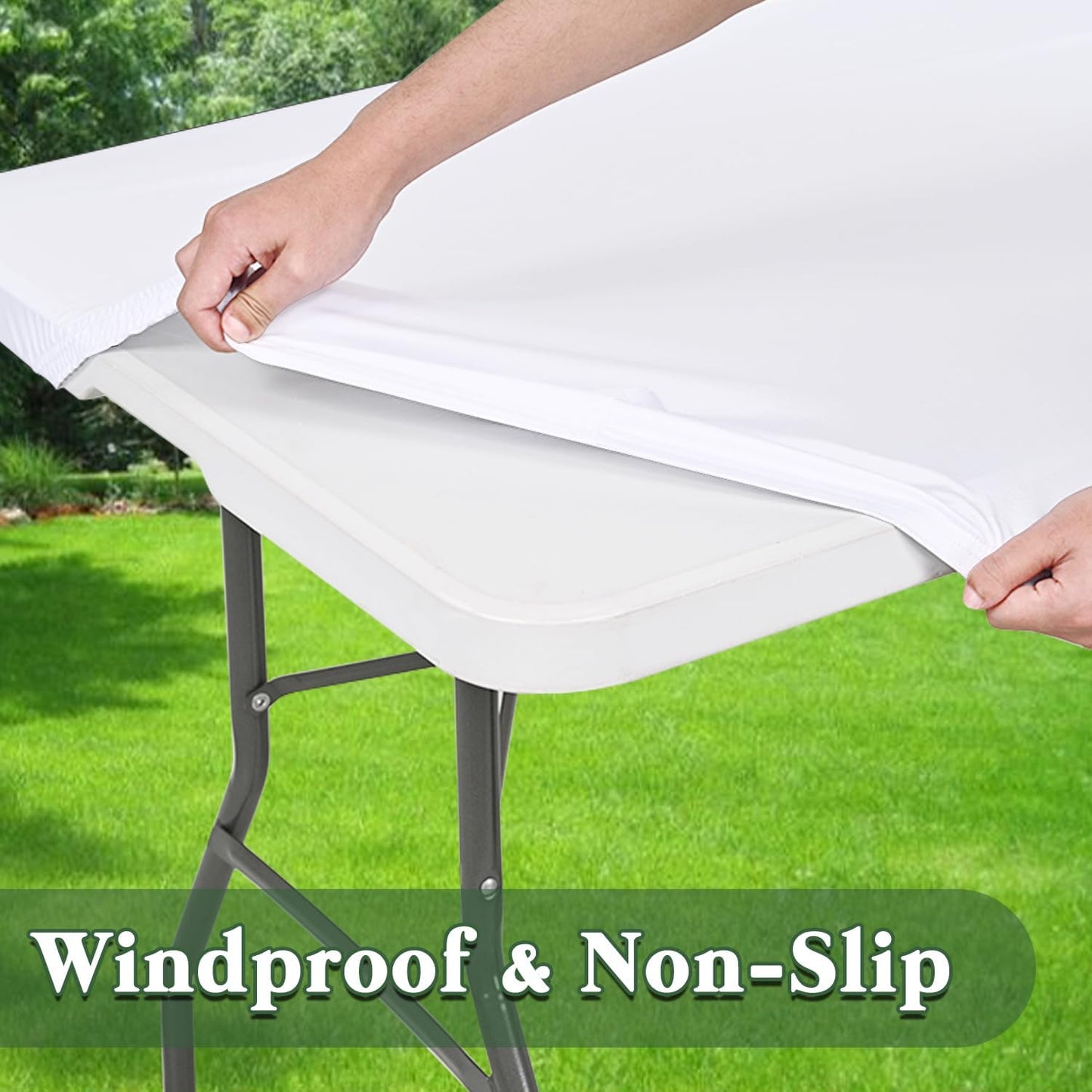 6 Pack Picnic Table Cover Fitted Tablecloths 8 Foot Rectangle Tables Elastic Waterproof Stretch Washable Patio Folding Outdoor Spandex Table Cloth for Camping Banquet and Parties (White,30" x 96")