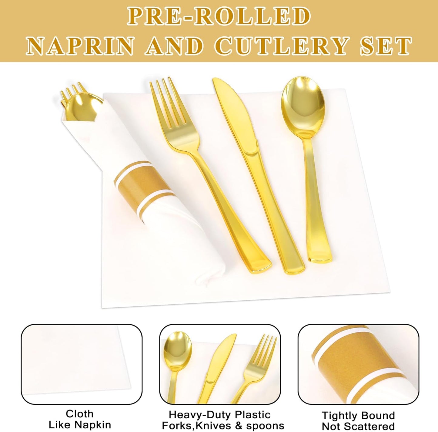 100 Pack Pre Rolled Gold Plastic Silverware Set,Wrapped Plastic Cutlery Set with Napkin Include 100 Forks,100 Spoons,100 Knives and 100 White Napkins for Party, Wedding,showers