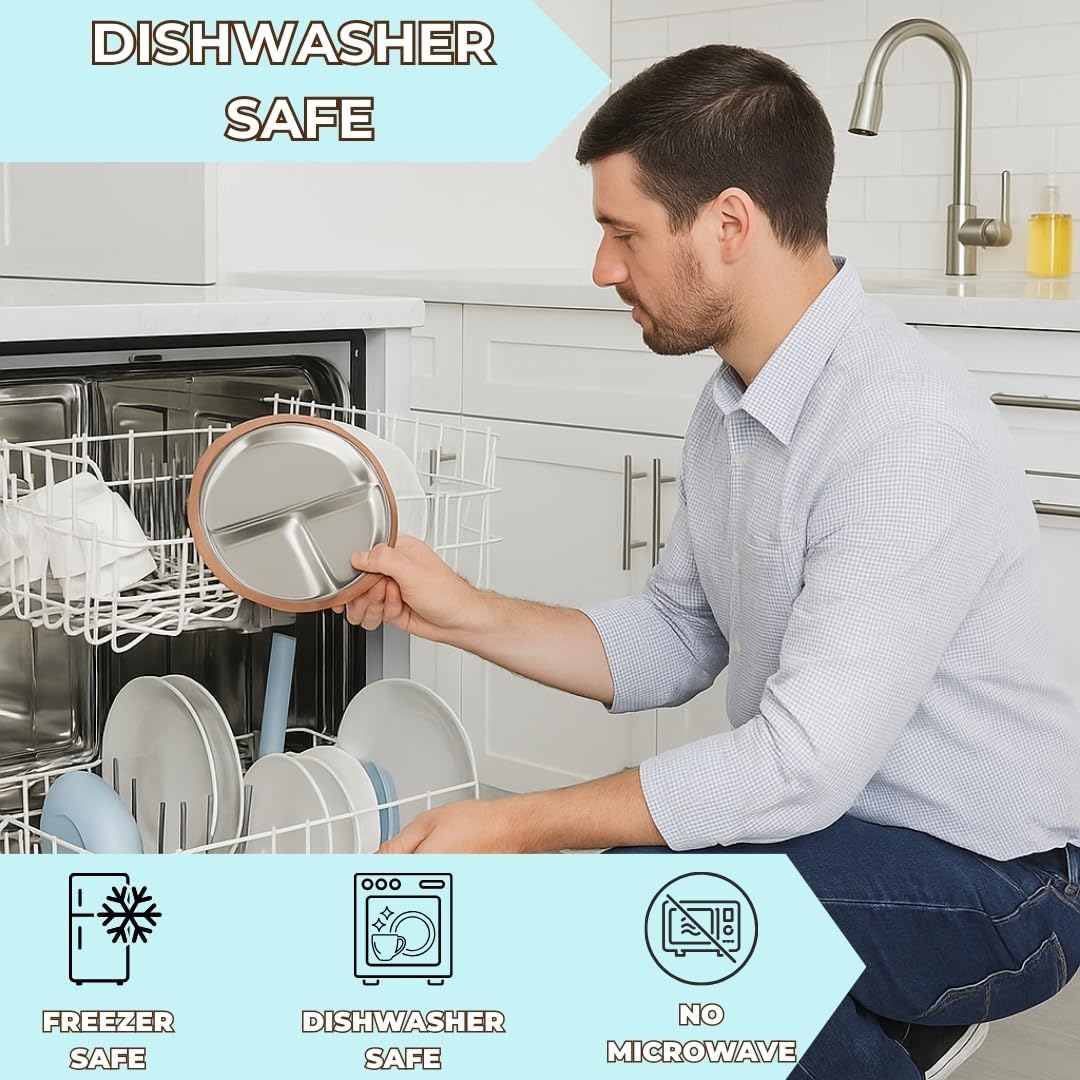 Stainless Steel Toddler Plate with Suction Set of 2, 8” Divided Plates with Removable Silicone Sleeves for Kids, Non Toxic & BPA Free | Non Slip | Unbreakable Baby Dishes, (Mocha Mousse & Sage Green)