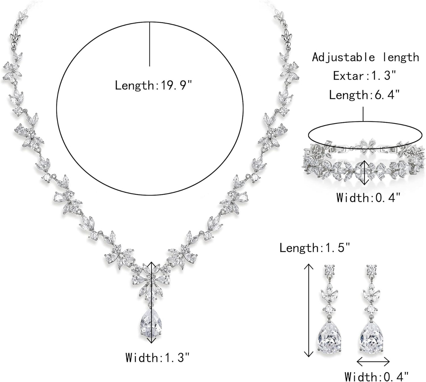 Crysdue Wedding Jewelry Set for Women, Floral Leaf Vine Teardrop Necklace Dangle Earrings Bracelet and Hair Comb, Cubic Zirconia Elegant Party Prom Jewellery for Bridal Bridesmaid