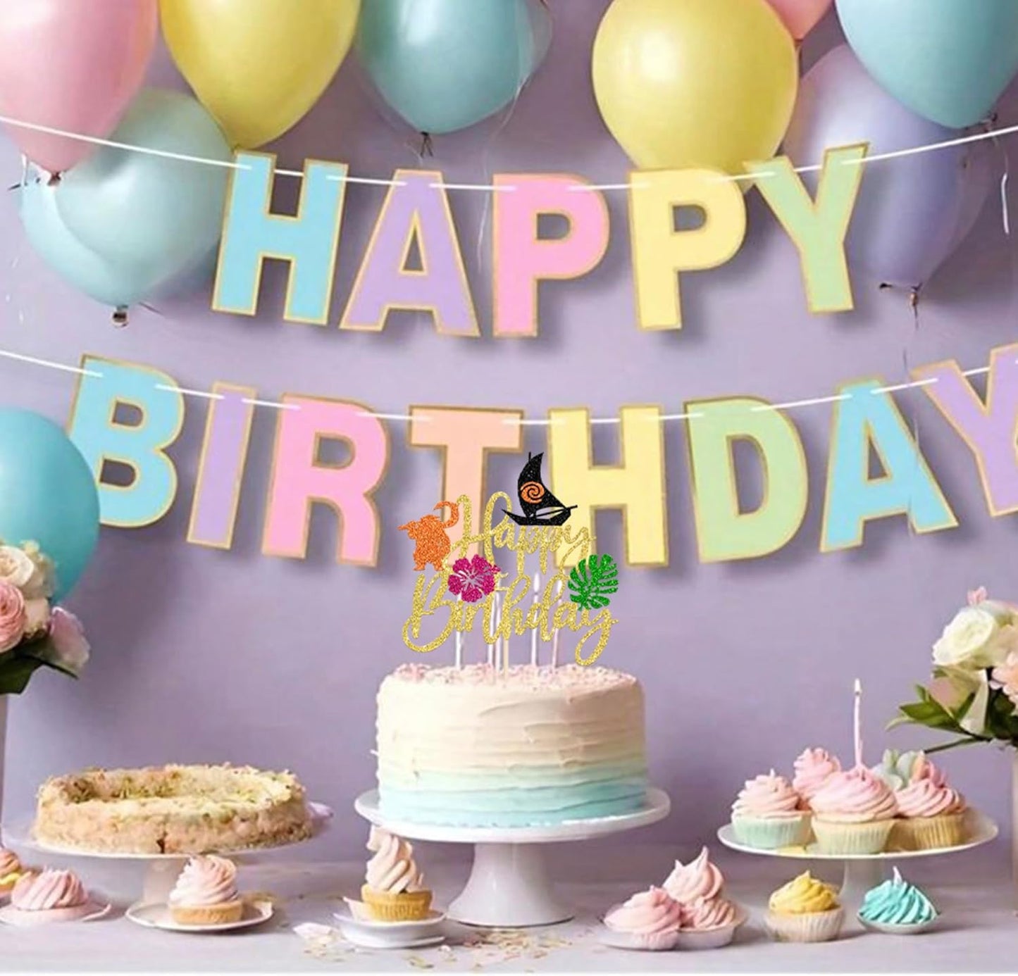 1 Pack Moana Cake Toppers Glitter Palm Leaf Moana Cake Picks The Sea is Calling Hawaiian Tropical Cupcake Decorations for Luau Summer Baby Shower Birthday Party Supplies Gold