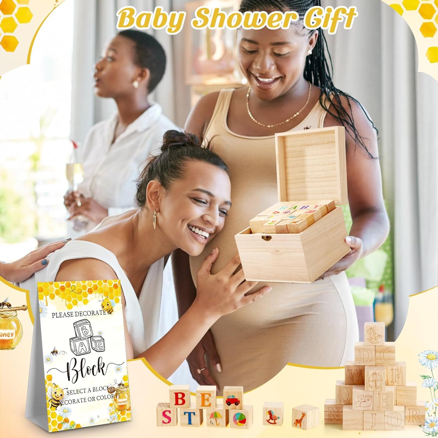 Marsui 136 Pcs Baby Shower Blocks to Decorate Game Kit Includes 98 Wooden Blocks, 36 Markers, 1 Game Sign, 1 Storage Box for Baby Shower Gender Reveal Activity Party Decorations(Bee)