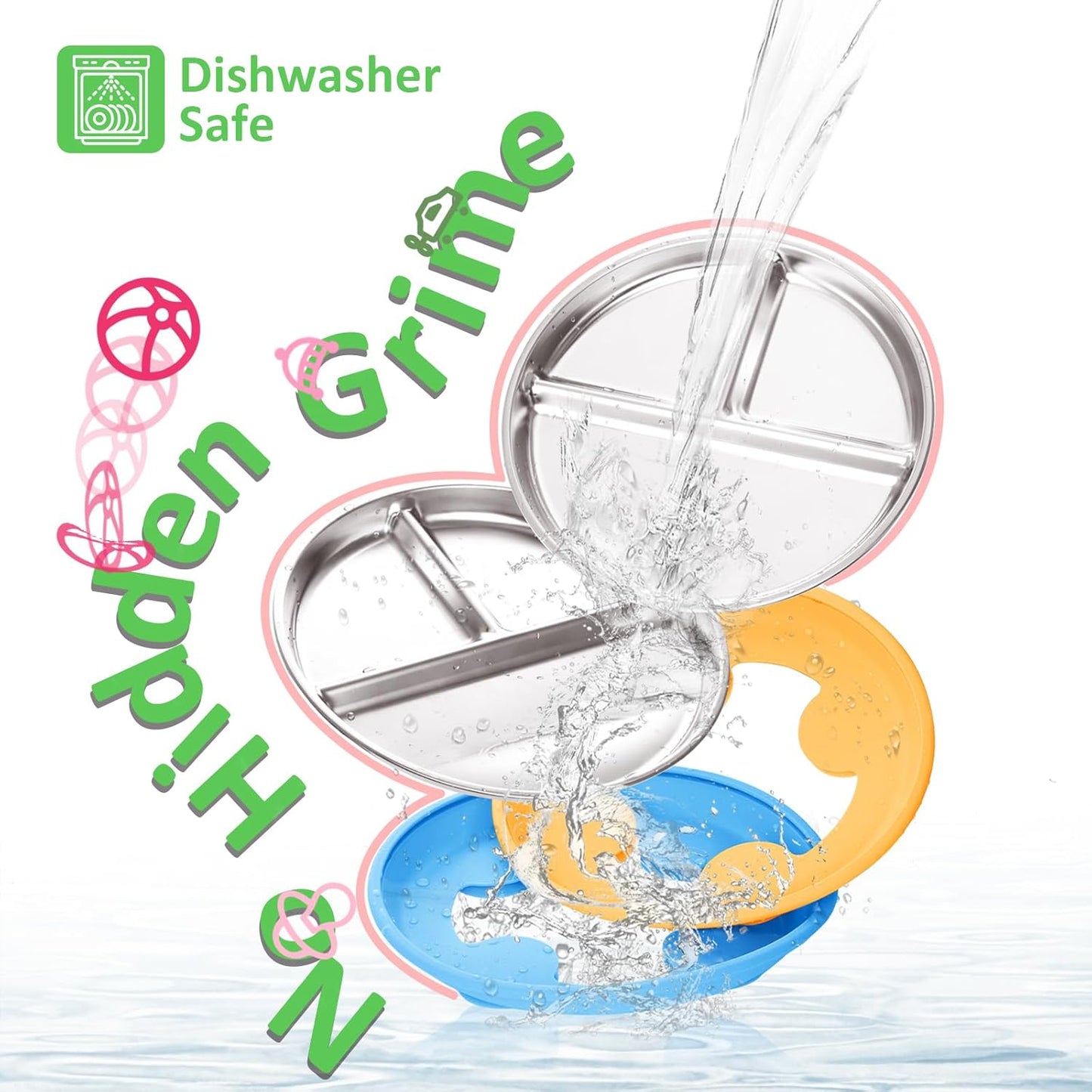 Stainless Steel Suction Plates for Toddlers, 9" Divided Kids Baby Plates with Removable Silicone Suction, Non Toxic Non Slip Portion Control Snack Dishes 3 Packs, Bright Orange/Blue/Green