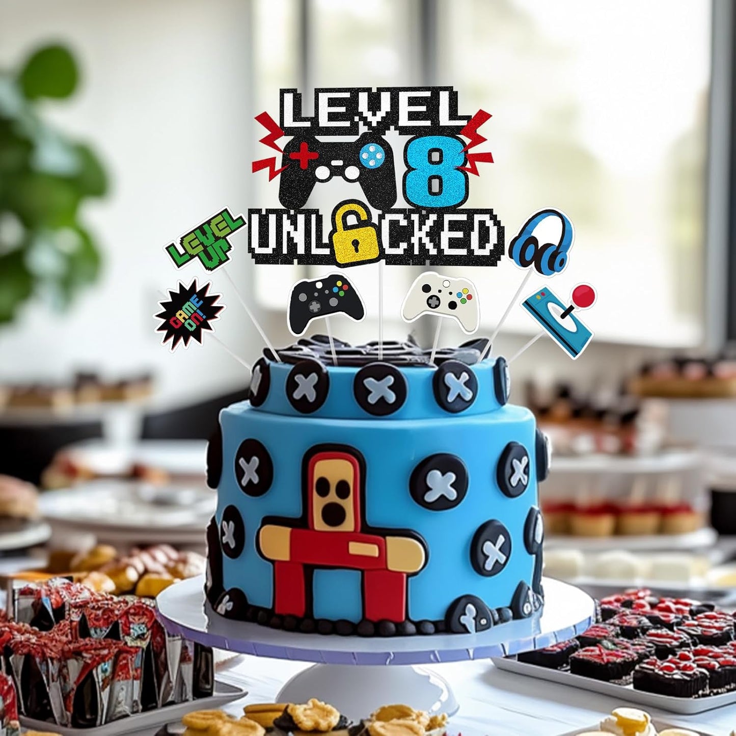 Video Game Cake Topper, Level 8 Unlocked Cake Toppers, Happy 8th Birthday Game Party Decorations for Boys Girls, Video Game Controller Themed Birthday Party Supplies for Game Fans, Kids and Men