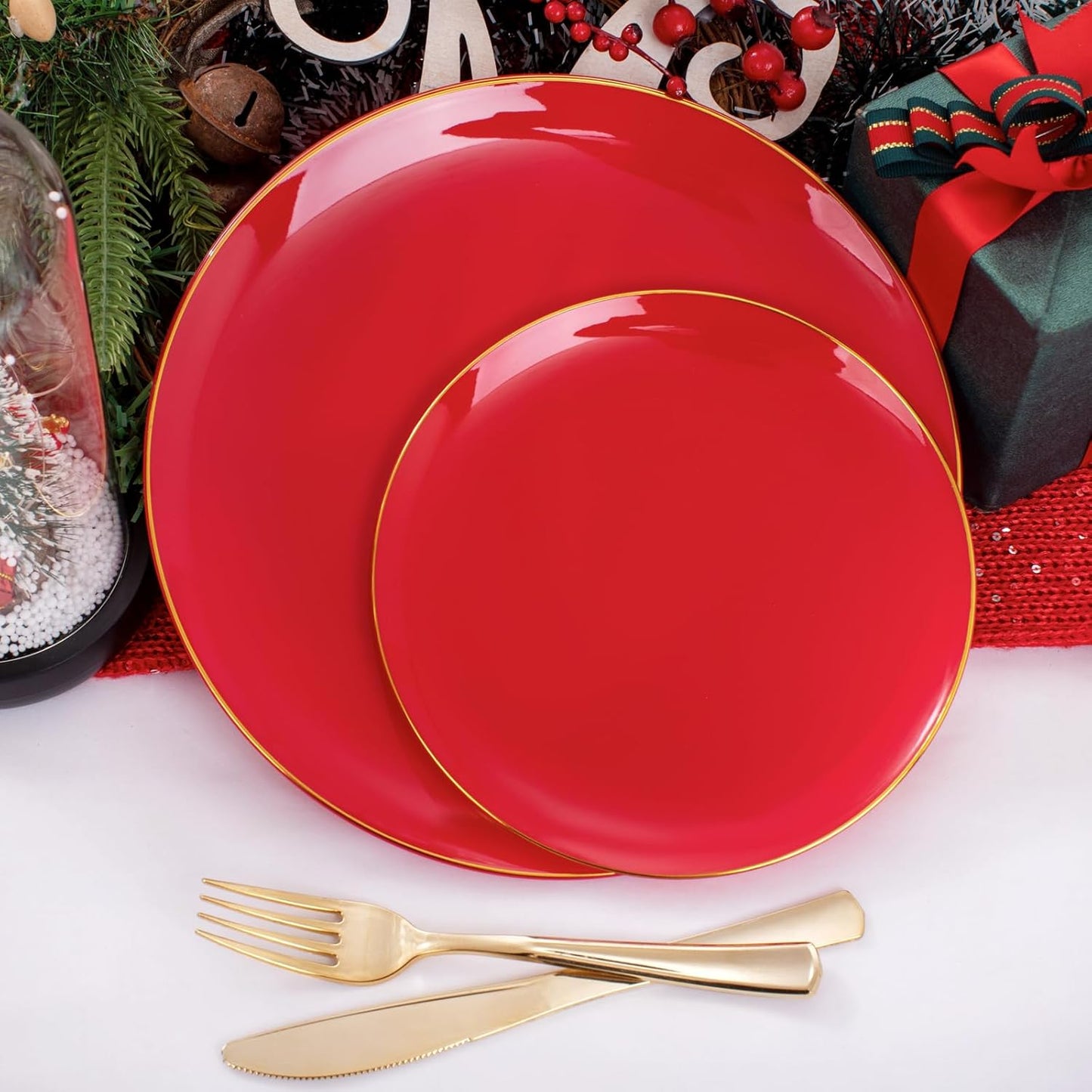 PULOTE 100PCS Red Plastic Plates Disposable Heavy Duty - Include 50 Dinner / 50 Dessert Plates for Party & Christmas