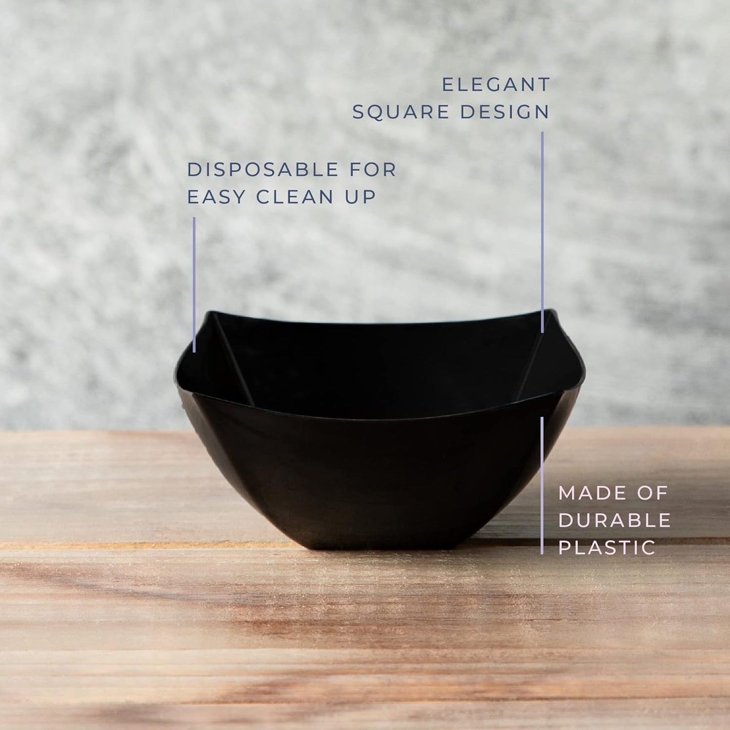 PLASTICPRO Disposable Square Serving Bowls, Party Snack or Salad Bowl, Plastic Black Pack of 4, 8 OUNCE, Black