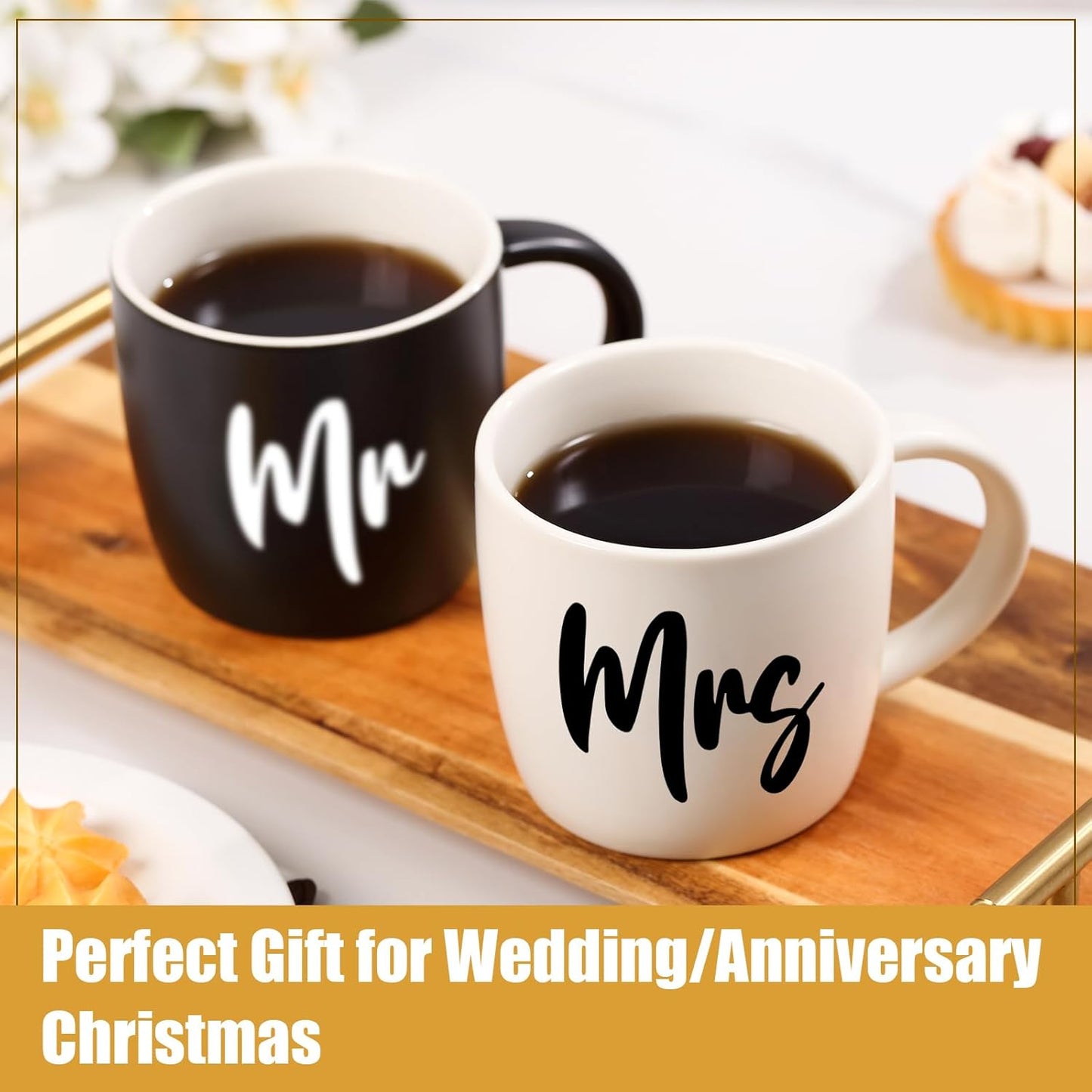 12 oz Mr and Mrs Mug, Ceramic Coffee Mug for the Couple, Ideal Gift for Engagement, Anniversary, His and Hers, Bride and Groom,Wedding Gifts for Couples 2025 - Set of 2 (Black & White)