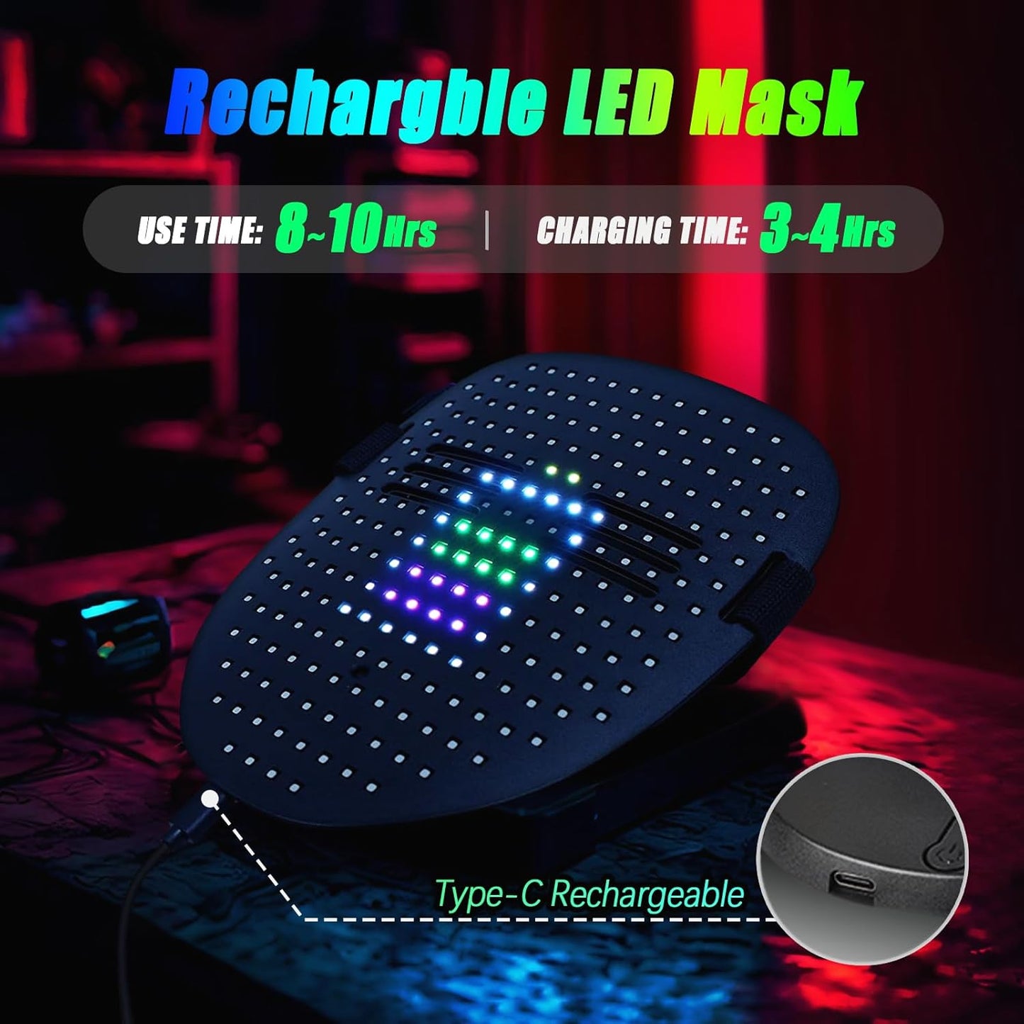 Ompusos LED Mask with Gesture Sensing, Light-Up Transforming Face Cover for Halloween, Christmas, Cosplay & Birthday Parties