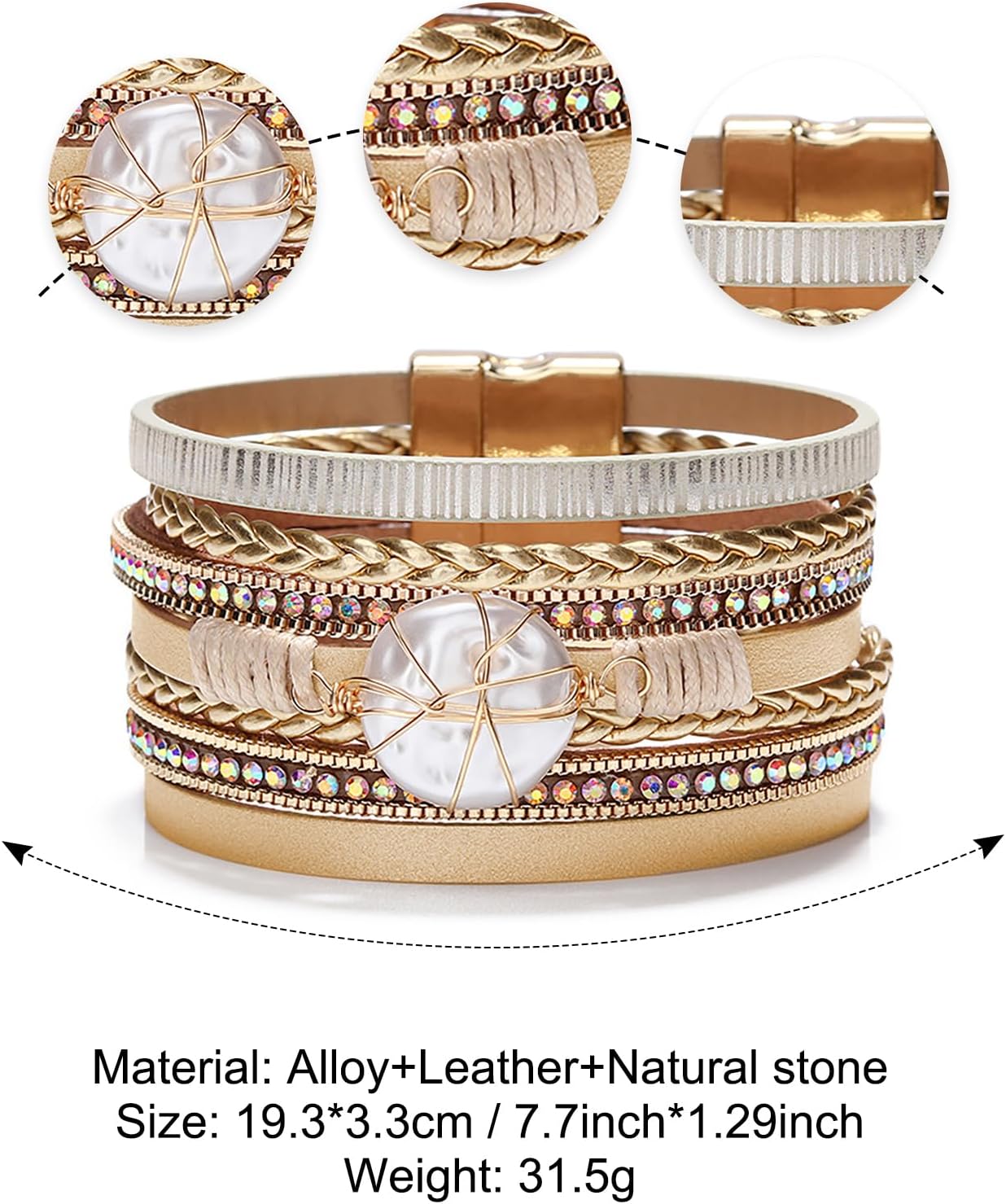 Fesciory Leopard Bracelet for Women, Boho Leather Wrap Multi-Layer Pearl Crystal Bracelet Bangle Jewelry