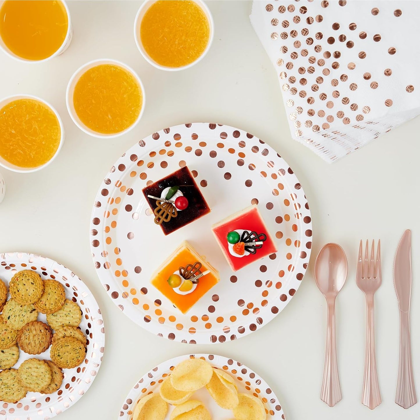 White and Rose Gold Party Supplies - 350 PCS Disposable Dinnerware Set - White Paper Plates Napkins Cups, Gold Plastic Forks Knives Spoon for Graduation, Birthday, Thanksgiving, Cocktail Party