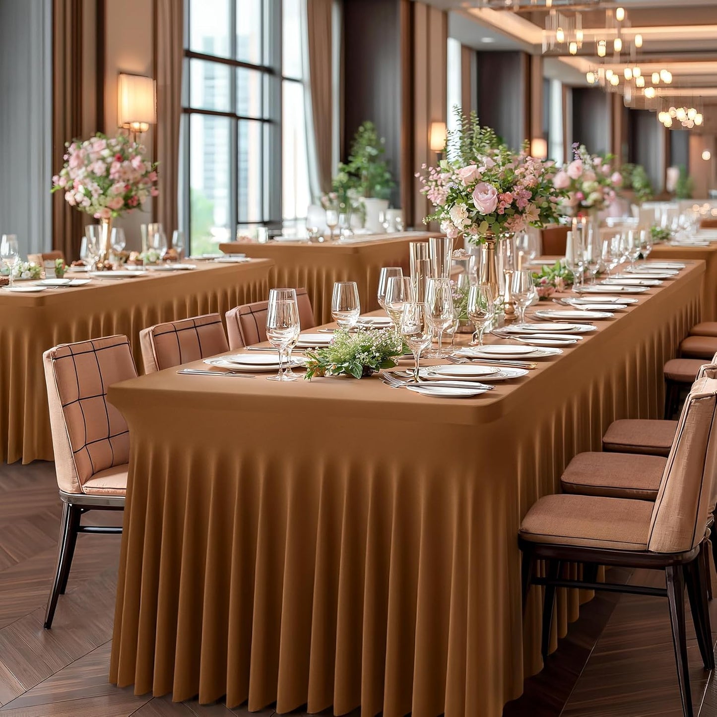 1 Pack Brown Table Clothes for 8 Foot Rectangle Tables, One-Piece Wrinkle Resistant Stretch Spandex Table Covers with Skirt for Event Banquet Wedding Birthday Party