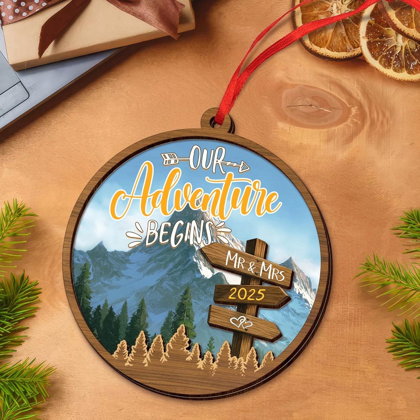 Christmas Wedding Gifts for Couples 2025 - Adventure Start Two Layer Wooden Christmas Ornaments for Tree Decorations - Bridal Shower Marriage Newly Wed Engagement Gifts for Couples Decorations