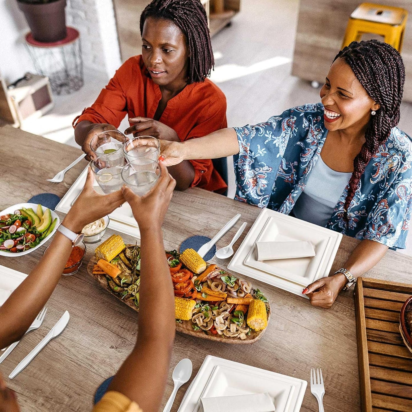 Gezond Compostable Paper Plates Set 300pcs Disposable Sugarcane Plates 10 Inch Eco-friendly White Square Plate with Napkins Biodegradable Heavy-duty Utensils for Party