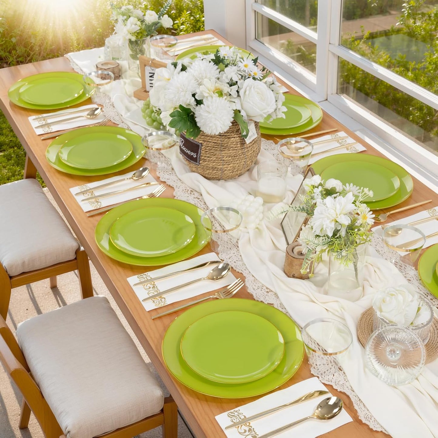 MirthMood 210pcs Green Plastic Plates,Disposable Green Gold Party Plates,Include 30 Dinner,Dessert Plate,30 Cup&30 Napkins, 90 Gold Silverware for Wedding & Party & Birthday(grape green)