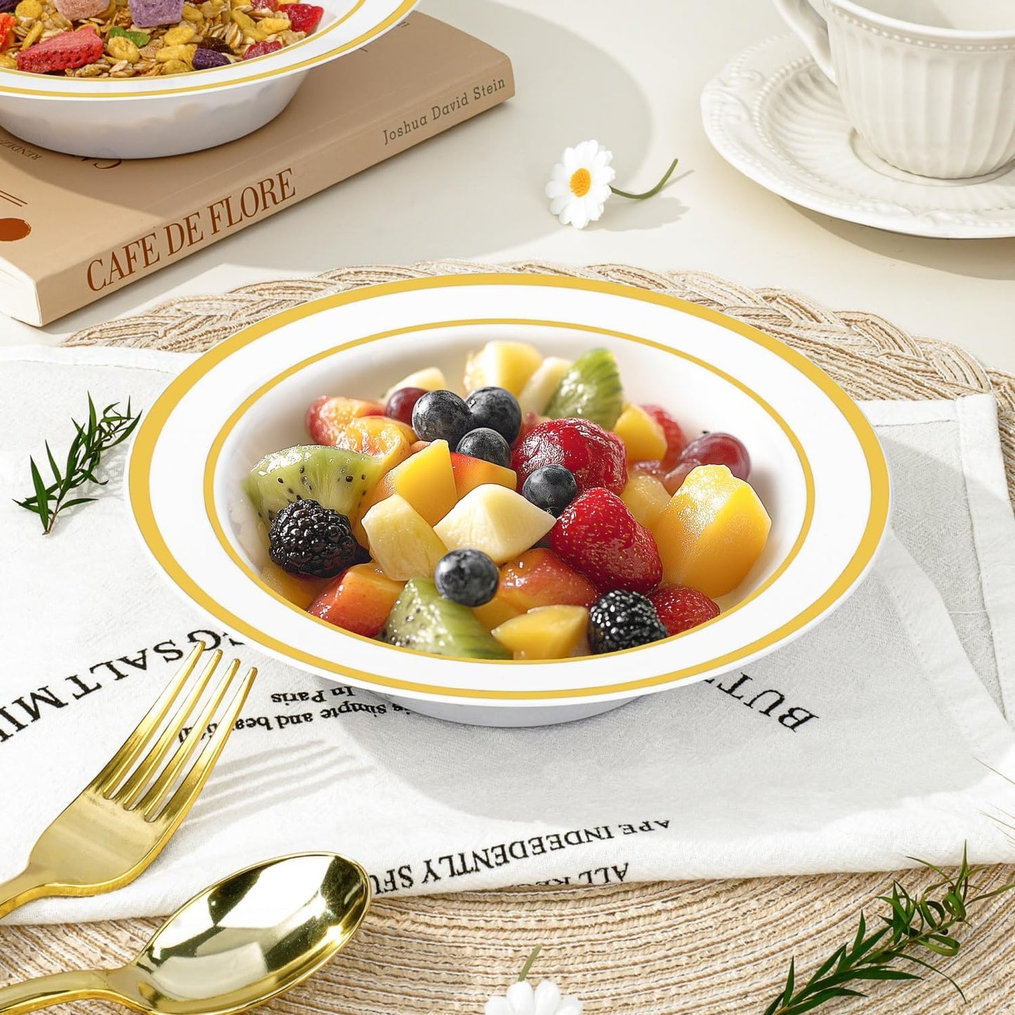 BESTVIP 200 Pack Plastic Bowls with Gold Rim, 12 Oz Disposable Bowls Disposable Bowls for Parties, Wedding, Christmas, Thanksgiving, Soak Proof Bowls for Breakfast, Lunch, and Dinner Meals