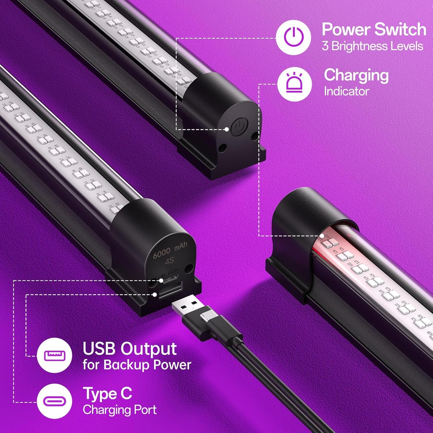 Bstrip Battery Powered Black Light, 11.8inch, Rechargeable Blacklight, Cordless 395nm Light Glow Party, Halloween, Body Painting, 4 Packs