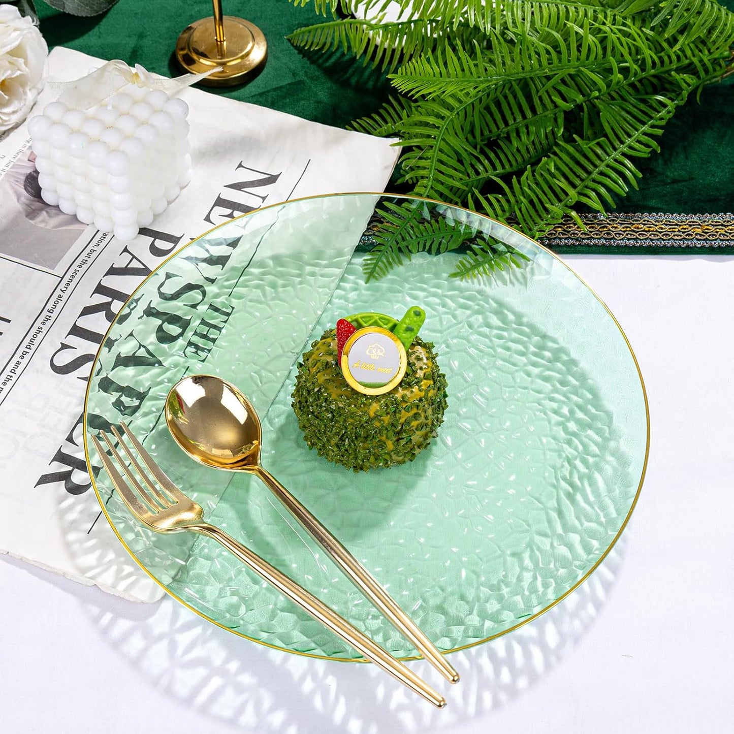 Rubtlamp 100 Clear Green Gold Plastic Plates, Hammered Clear and Gold Disposable Plates Include 50 Dessert Platos, 50 Dinner Platos for Party