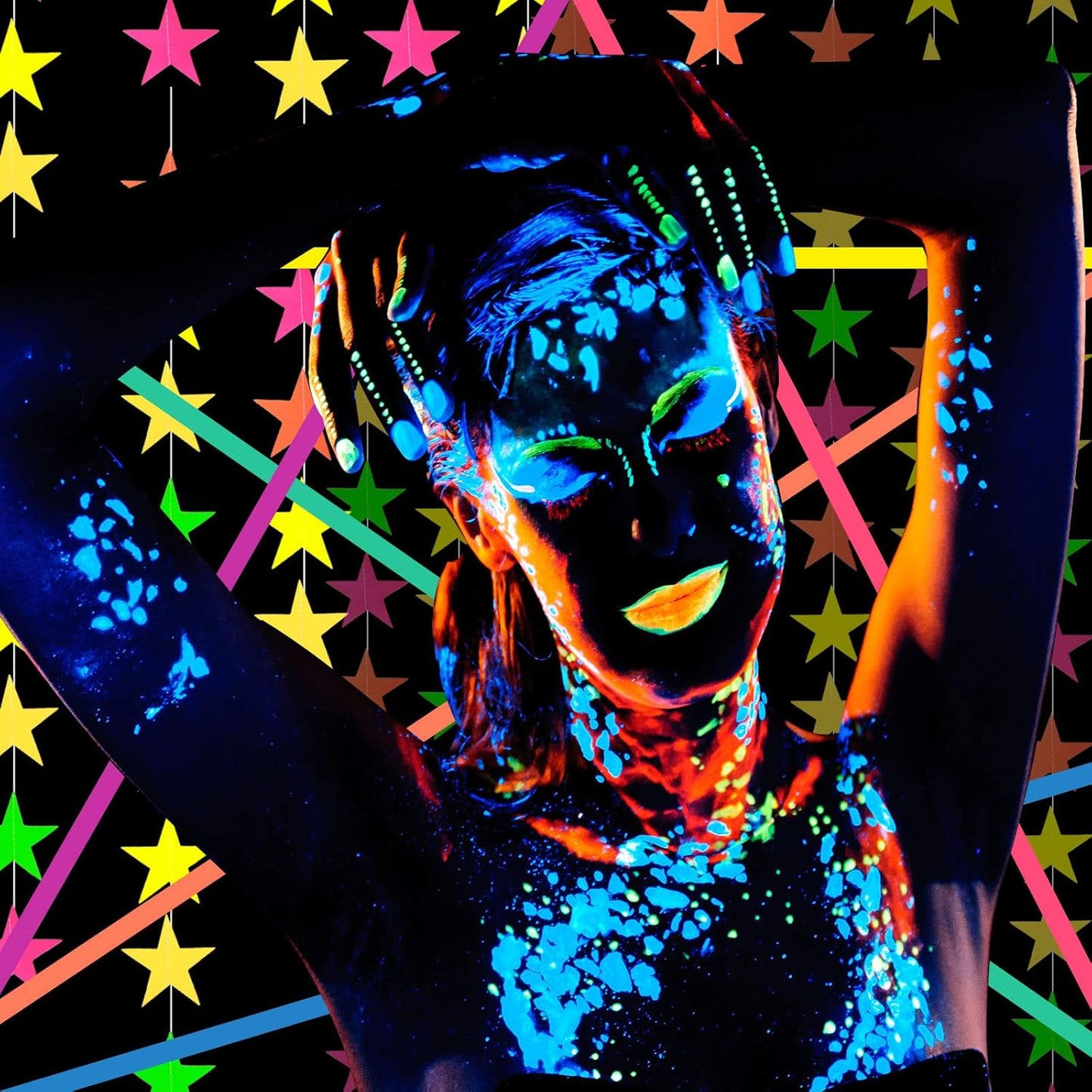 32 Pcs Glow in The Dark Party Supplies Christmas Neon Party Favors with 25 Fluorescent Balloon 6 Rolls 98.4 ft UV Blacklight Luminous Tape 14.4 ft Neon Streamer Garland for Adults(Glitter Star)