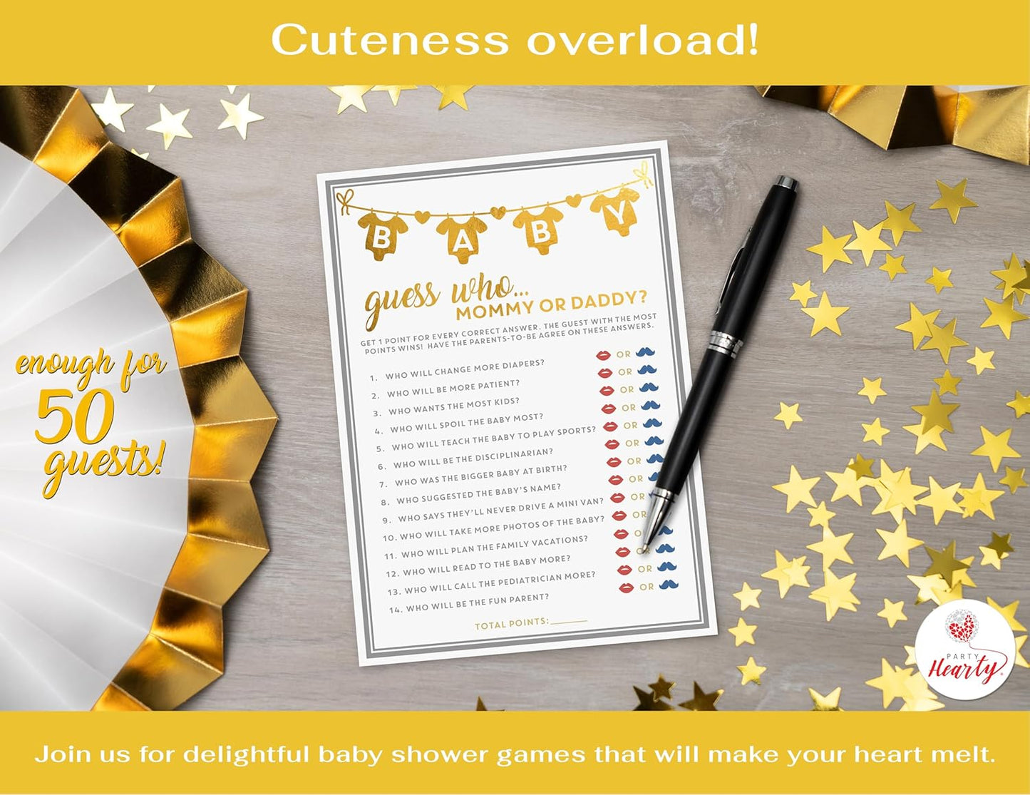 Party Hearty Baby Shower Games for Girl or Boy, 50 pcs Mommy or Daddy Guess Who Game, Fun Activity Cards, Gender Neutral, Ideas