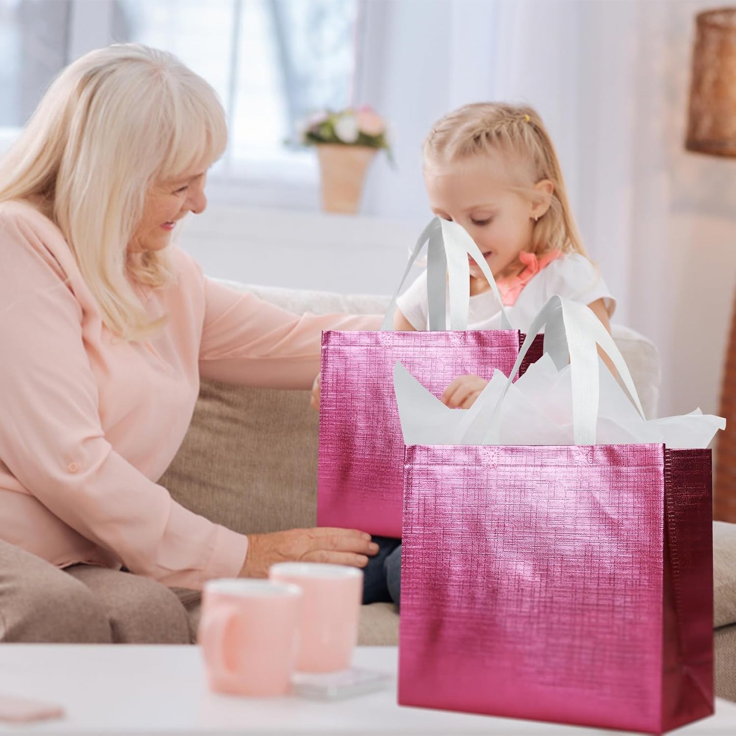 cabzymx Pink Reusable Gift Bags with Metallic Design, 25 Pcs Non-woven Gift Bag Bulk with Handles, Glossy Party Bags for Wrapping Gifts, Birthday, Wedding, Parties, Graduation-12.6x4.7x11 In