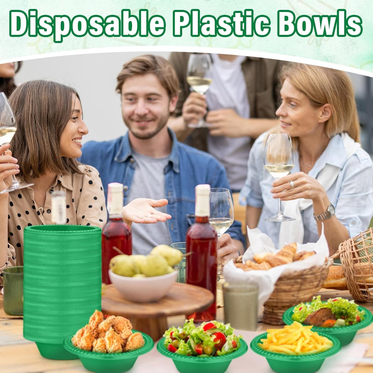 Lallisa 100 Pcs 12oz Dark Green Disposable Plastic Bowls Dessert Cups Ice Cream Snack Salad Soup Food Serving Bowls for Party Favor Picnic