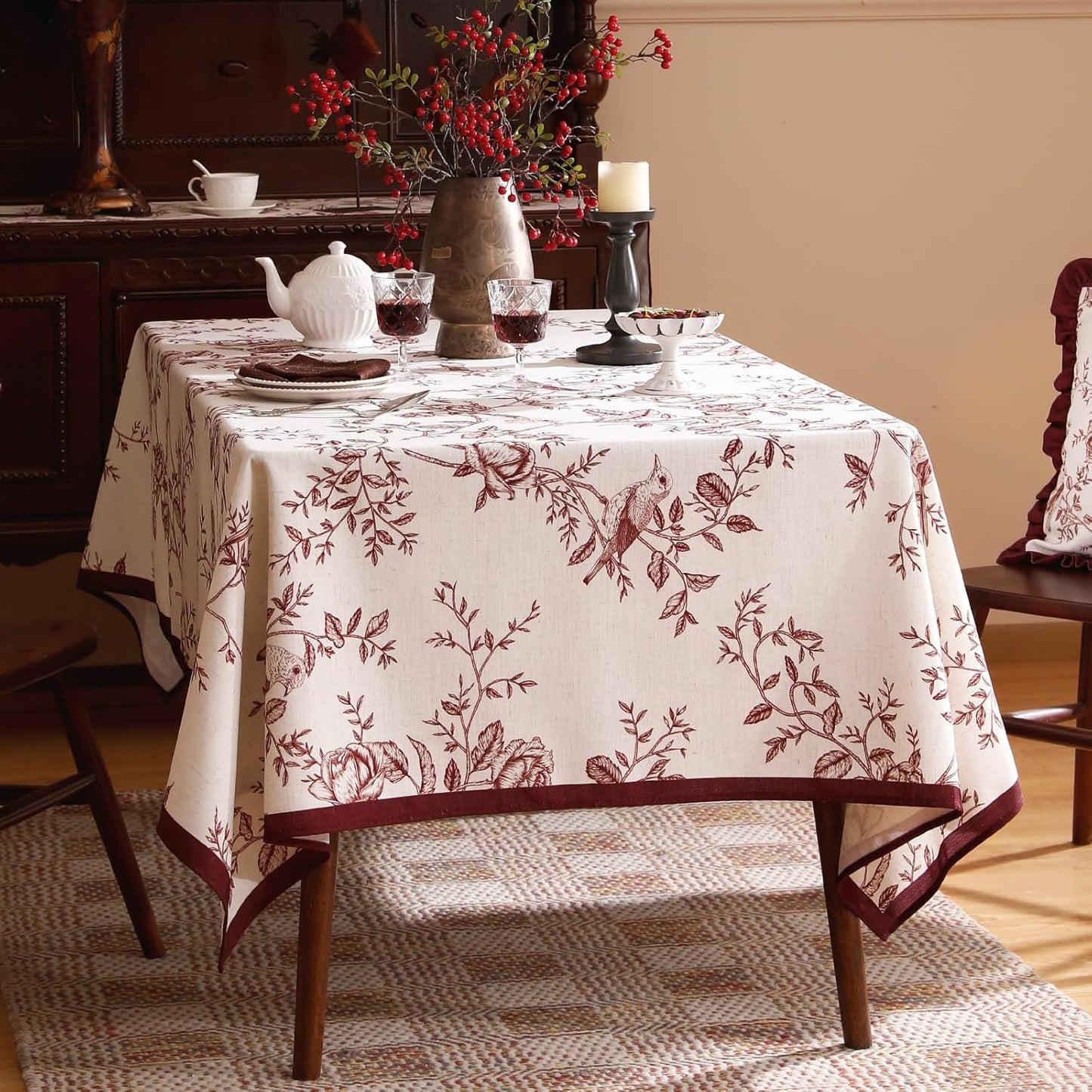 ISAENNE Designer Vintage Linen Small Rectangular Tablecloth,Red Floral Pattern Linen Stain Resistant Table Cloth,Decor Tablecloths for Dining Thanksgiving Kitchen Tea Party,55"*71"-Harmony
