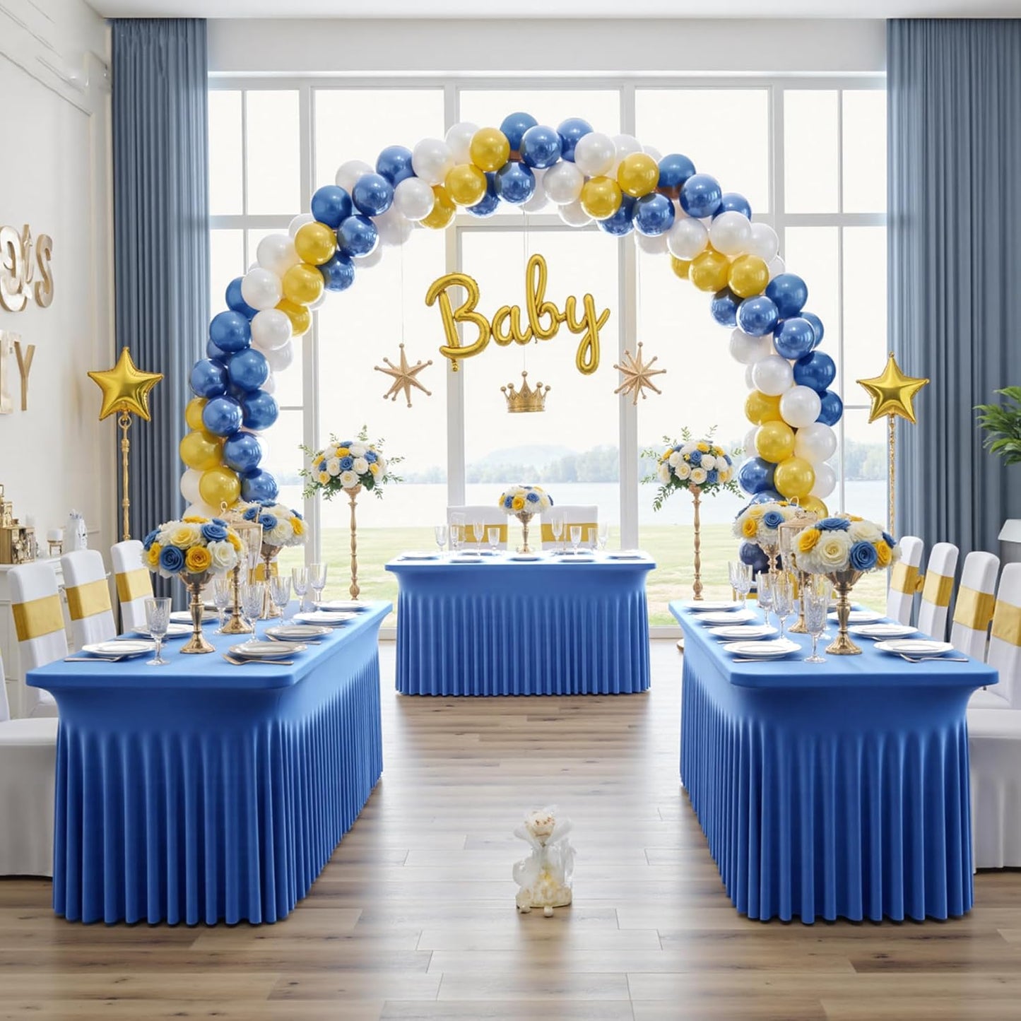 2 pk Royal Blue Spandex Tablecloths 8ft with Ruffle Table Skirt, Wrinkle Free Stretchy Fitted Tablecloth for 8 Foot Rectangle Tables, Elastic Spandex Table Covers 8ft for Party Wedding Banquet