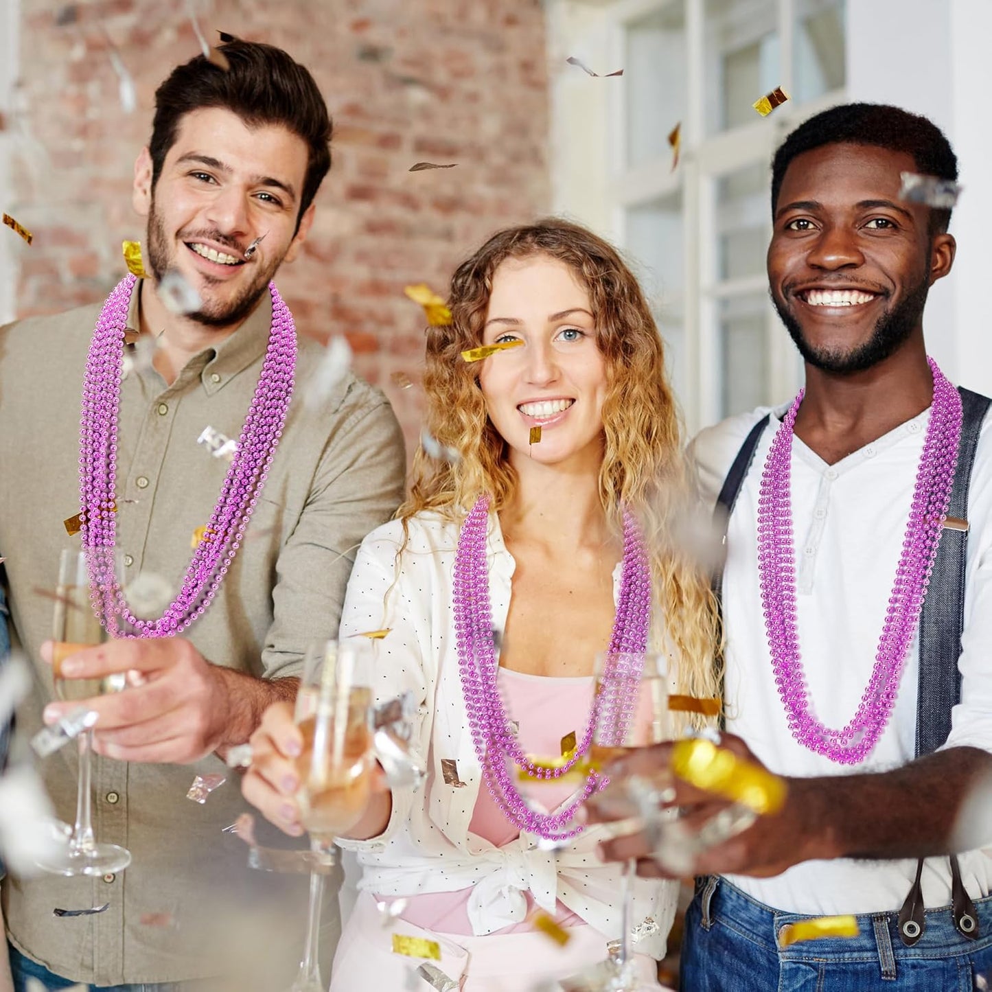 12 PCS Rosered Beads Necklaces, Breast Cancer Awareness Accessories, 33" Mardi Gras Beads Bulk, Round Christmas Necklace for Wedding Holiday Events Parade Pirate Party Favors Decorations