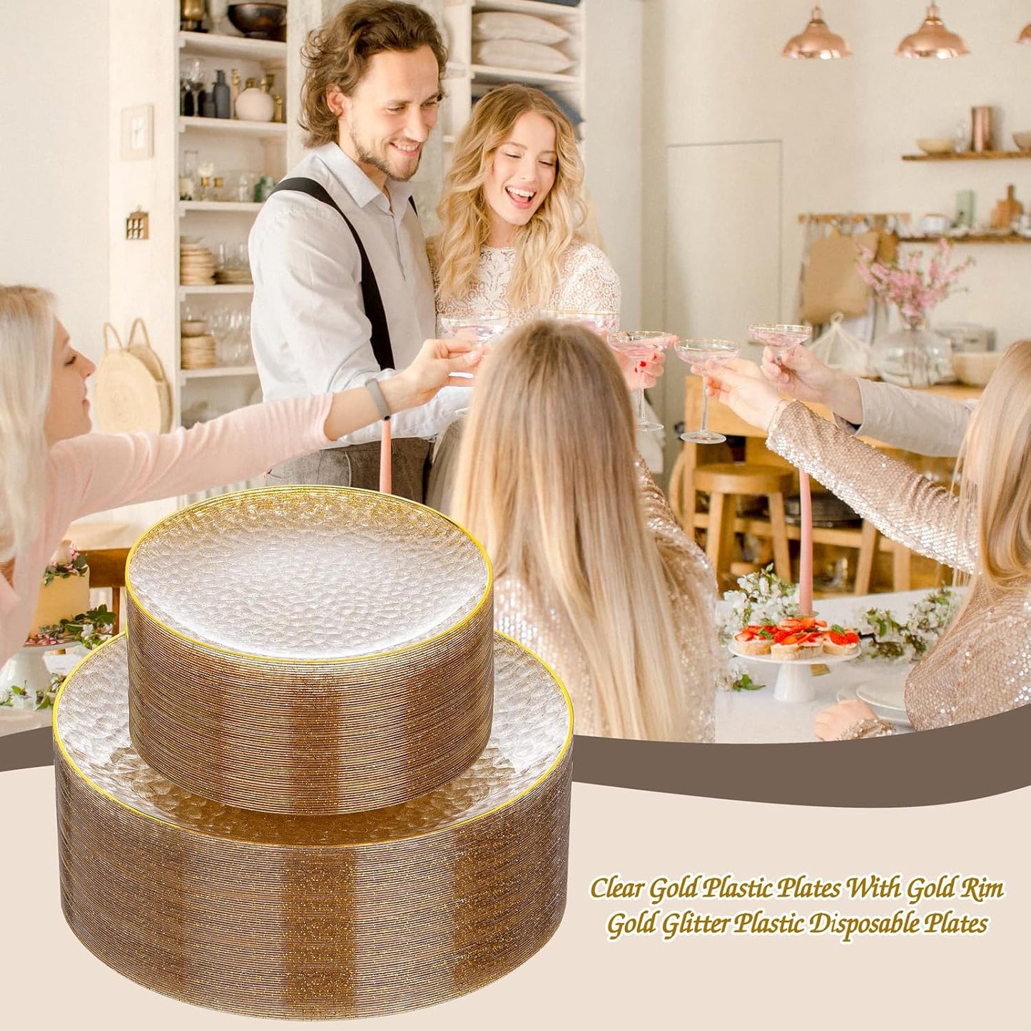 Rubtlamp 100Pcs Clear Gold Plastic Plates, Gold Glitter Disposable Plates, Hammered Plastic Plates Included 50 Dinner Plate And 50 Dessert Plate for Weddings Party Birthday