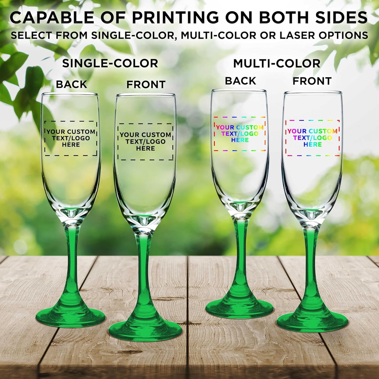 DISCOUNT PROMOS Custom Premiere Champagne Flutes 6.25 oz. Set of 50, Personalized Bulk Pack - Elegant Drinkware for Weddings, Events, & Promotional Gifts - Green