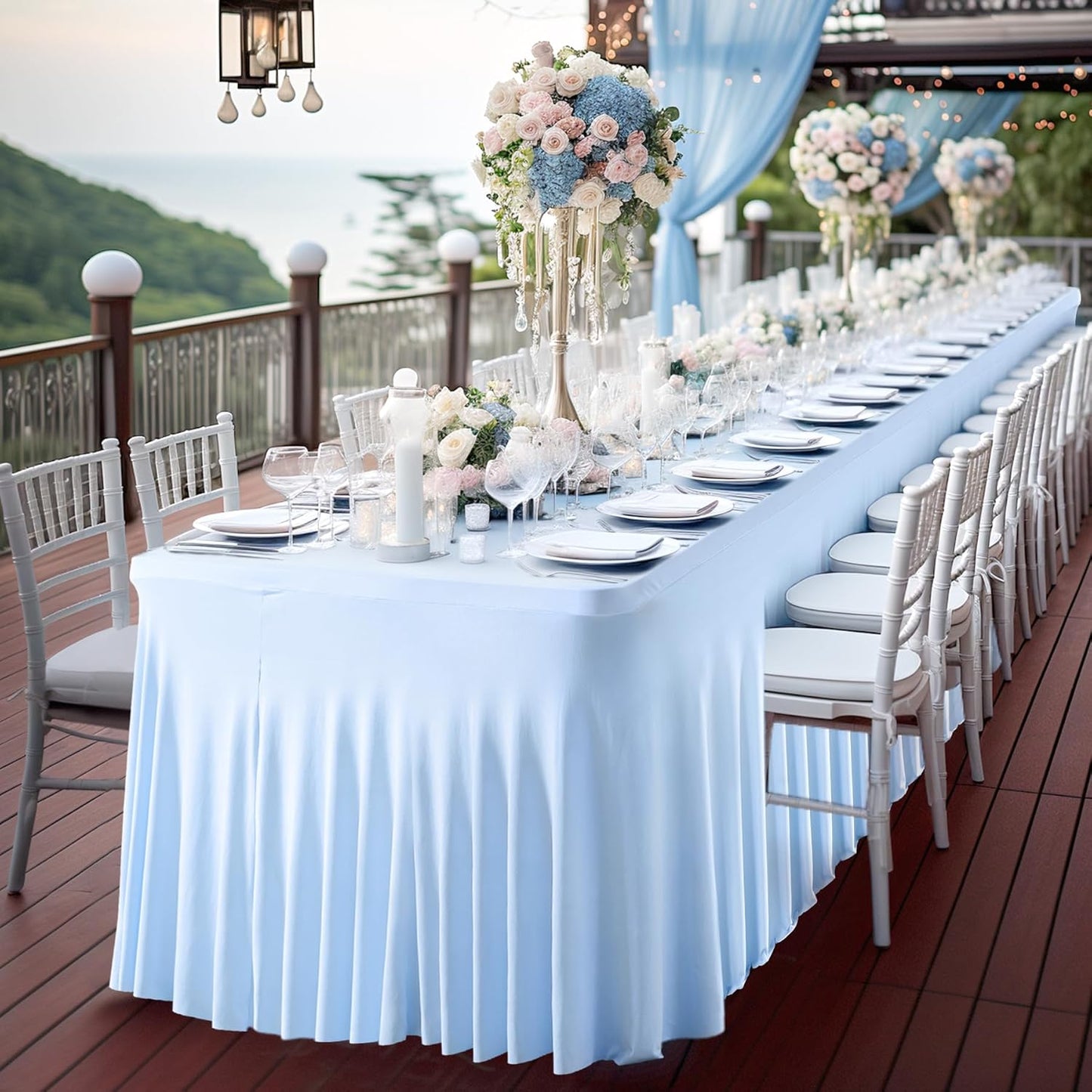 PARTISKY Blue Spandex Tablecloth for 6ft Rectangle Tables, Stretchable Table Cover Skirt for Folding Tables Weddings Parties Banquets Events Trade Shows and Dessert Table