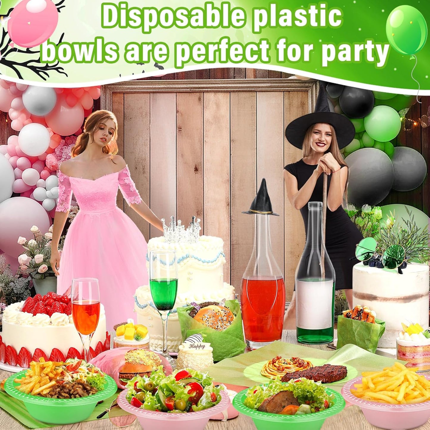 Layhit 100 Pcs Halloween Plastic Bowls 12 oz Disposable Salad Pink Green Plastic Serving Halloween Party Supplies Candy Snack Bowls for Party Picnic