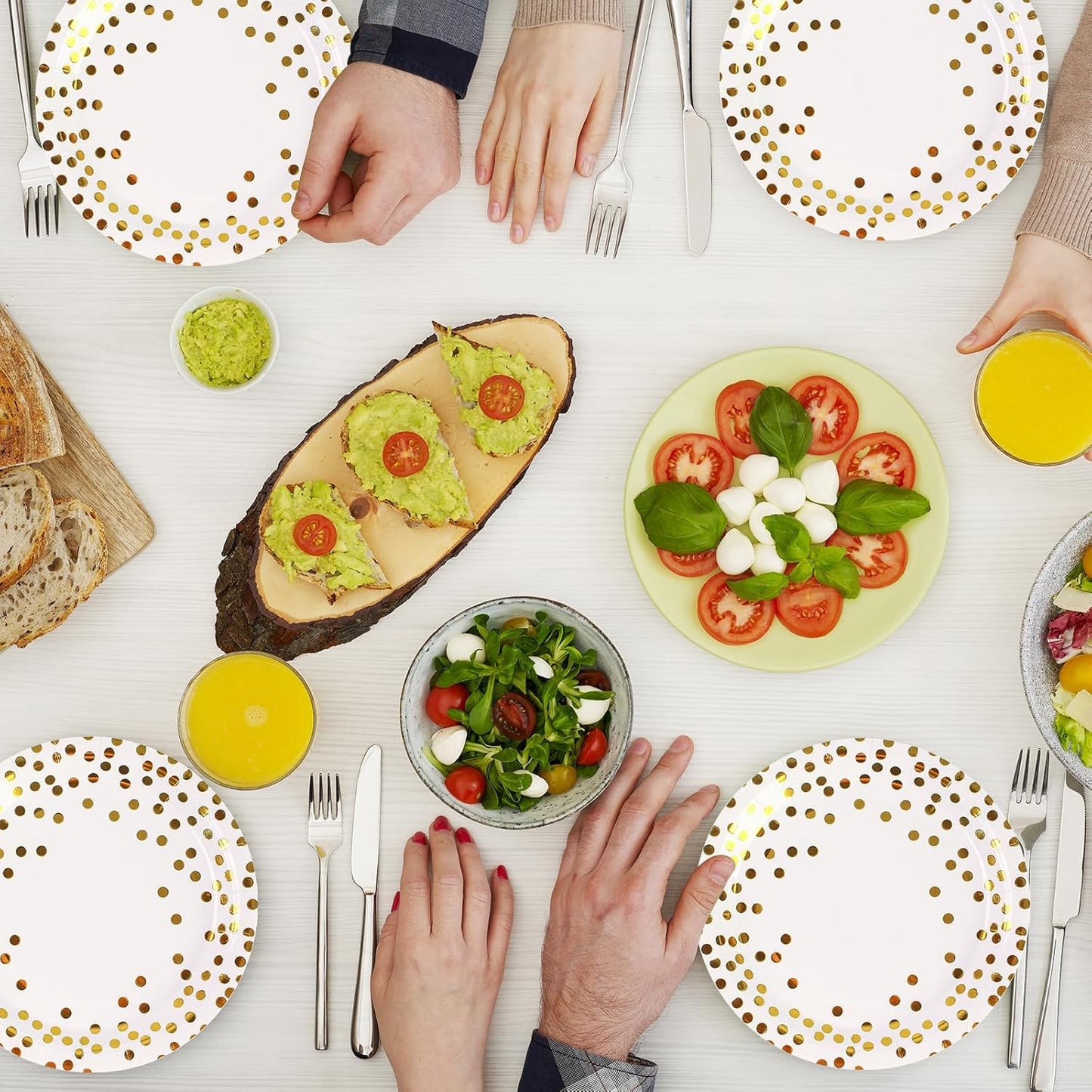 150PCS Paper Plates and Napkins Set - White and Gold Dot Disposable Party Dinnerware Includes Paper Plates, Napkins, Forks Decorations for Birthdays, Graduations, Weddings and Holidays, Serves 50