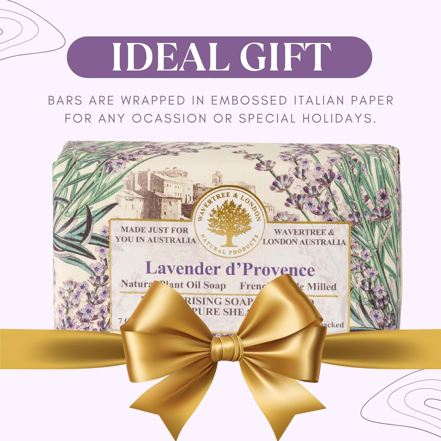 Wavertree & London Lavender Scented Natural Soap Bars (Pack of 2), 7oz Moisturizing French Triple Milled Soap Bars enriched with shea butter - Pure Plant Oil Bath & Body Bar for All Skin Types