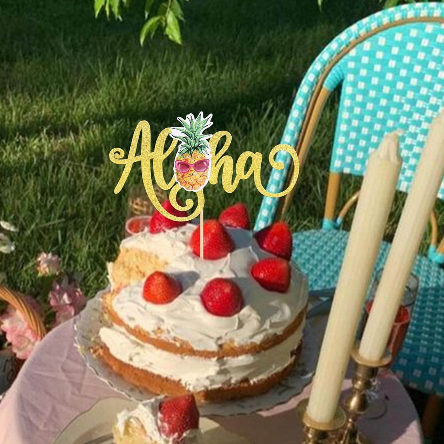 1 Pack Aloha Cake Topper Glitter Pineapple Summer Hawaiian Cake Pick Tropical Cake Decorations for Summer Baby Shower Aloha Hawaiian Theme Birthday Party Supplies Gold