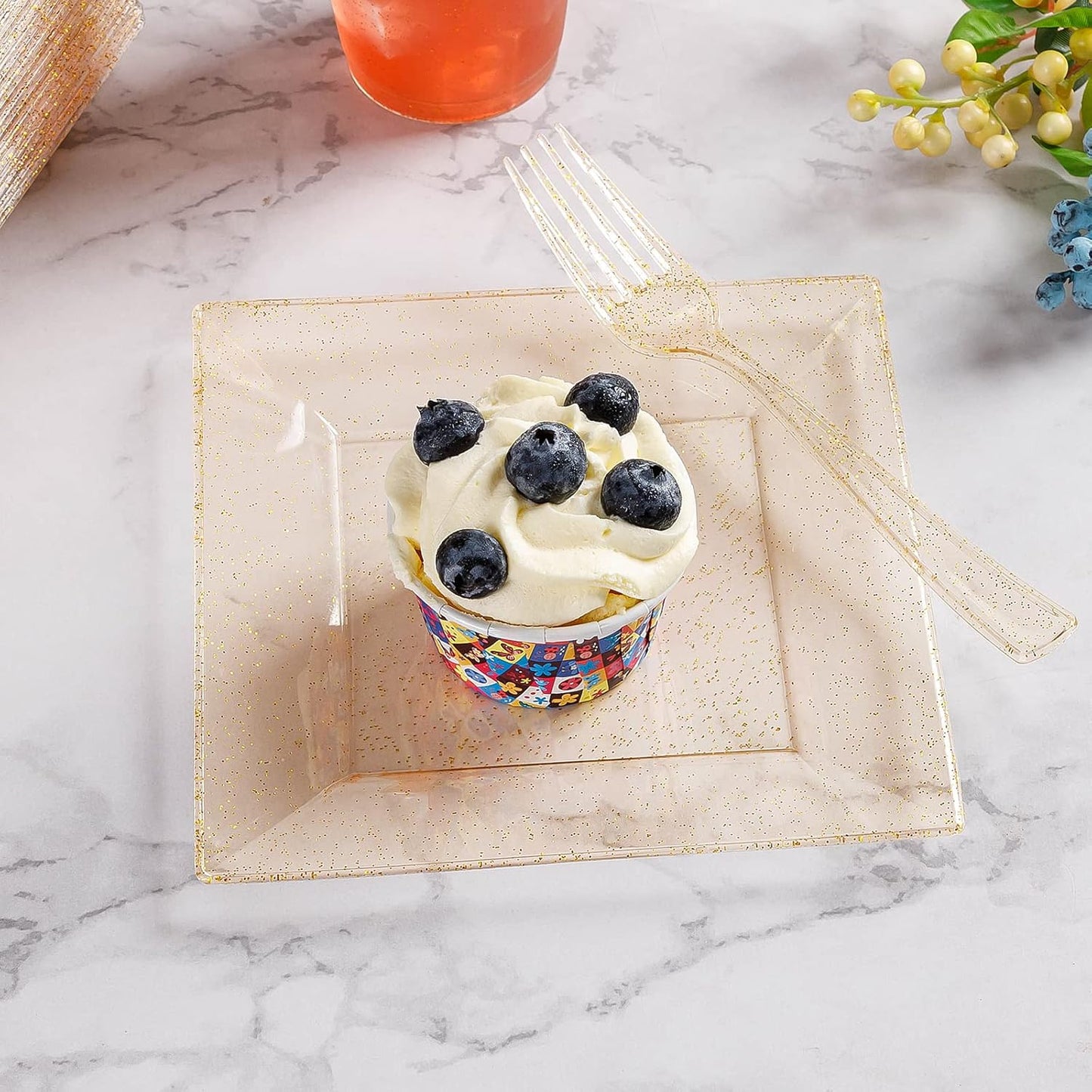 Goodluck 240PCS 6.5" Square Gold Glitter Dessert Plastic Plates with 7.4" Forks, Gold Appetizer Plates for 120 Guests, Including 120 Disposable Cake Plastic Plates and 120 Forks for Wedding/Birthday