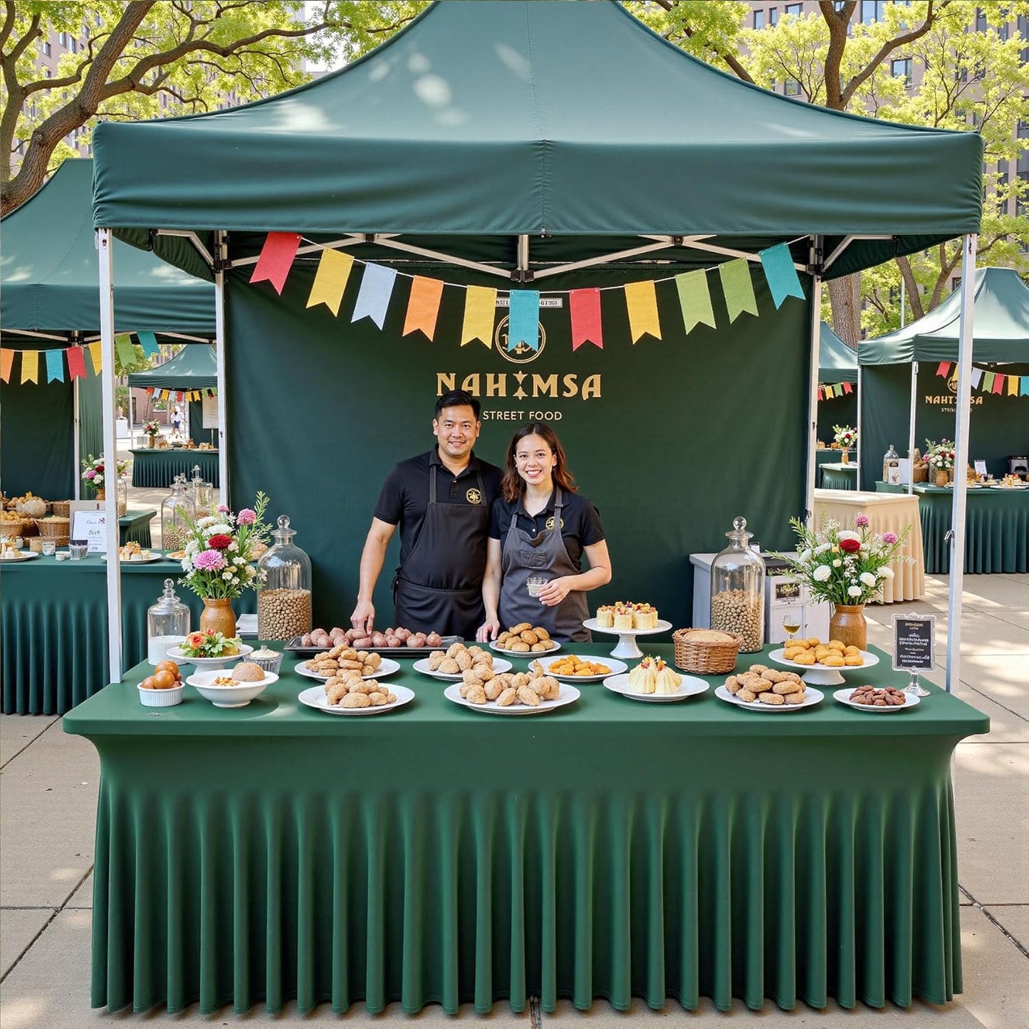 2 pk Hunter Green Spandex Tablecloths 8ft with Ruffle Table Skirt, Wrinkle Free Stretchy Fitted Tablecloth for 8 Foot Rectangle Tables, Elastic Spandex Table Covers 8ft for Party Wedding Banquet