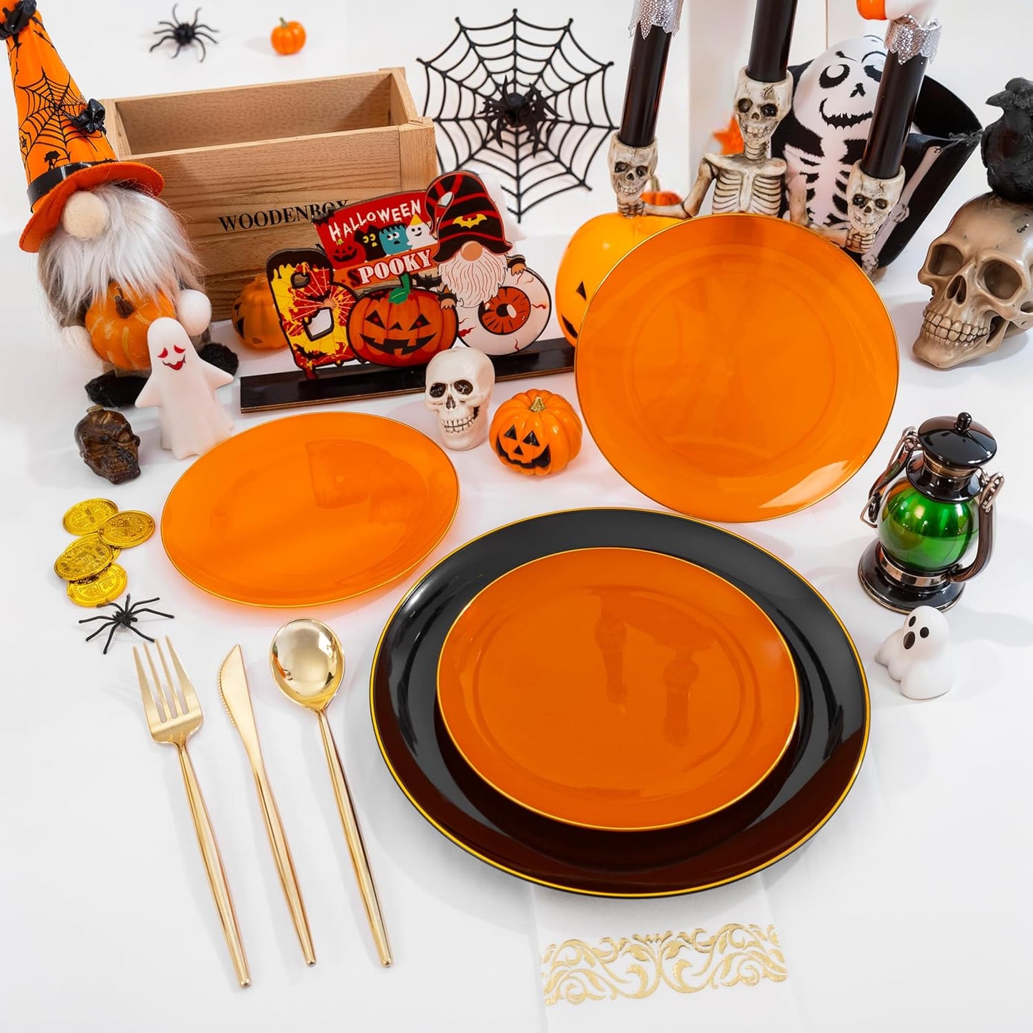 MirthMood 210PCS black and orange Plastic Plates,Black Disposable Plates –Plastic Plates Set Includes 30 Dinner,30 Dessert Plate,30 Cup&30 Napkins, 30 Gold Silverware for Wedding& Parties& Halloween