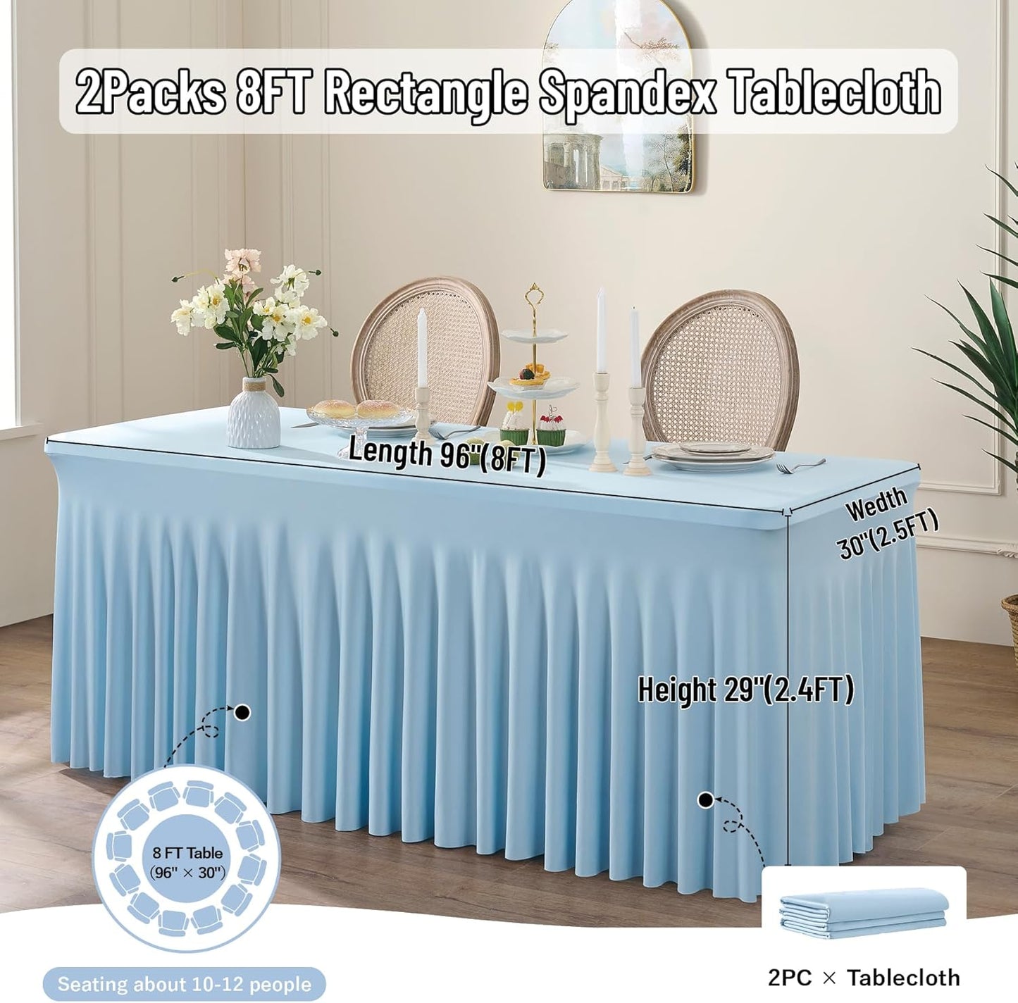 leegleri 2 Pack Baby Blue Fitted Table Clothes for 8 Foot Rectangle Tables, Wrinkle Free, Banquet Weddings Parties Skirts