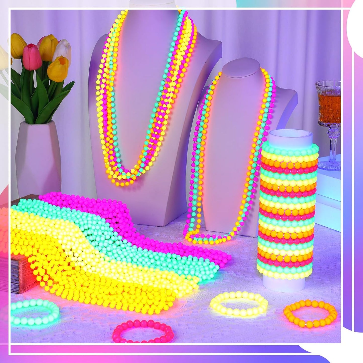 Ecally Neon Bead Necklaces and Bracelets Set Glow in the Dark Party Supplies Colorful Glow Necklaces and Bracelets Bulk for Halloween 80s Party Favors Carnival Concert Neon Night Accessories