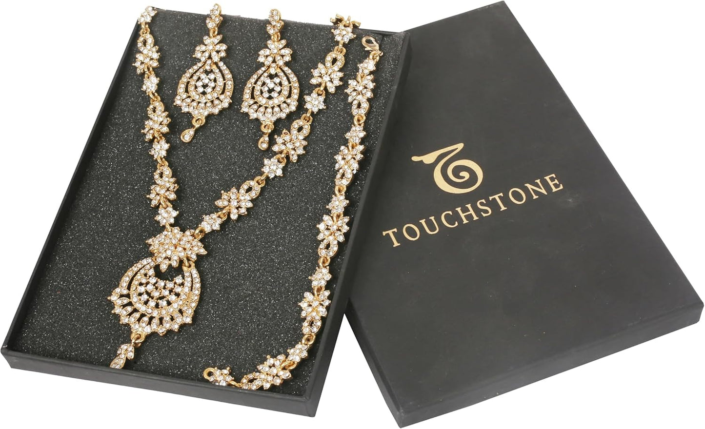 Touchstone Indian jewelry sets for women maang tikka wedding guest gold necklace bollywood jewellery set pageant elegant prom bride accessories western crystal chunky rhinestone necklaces