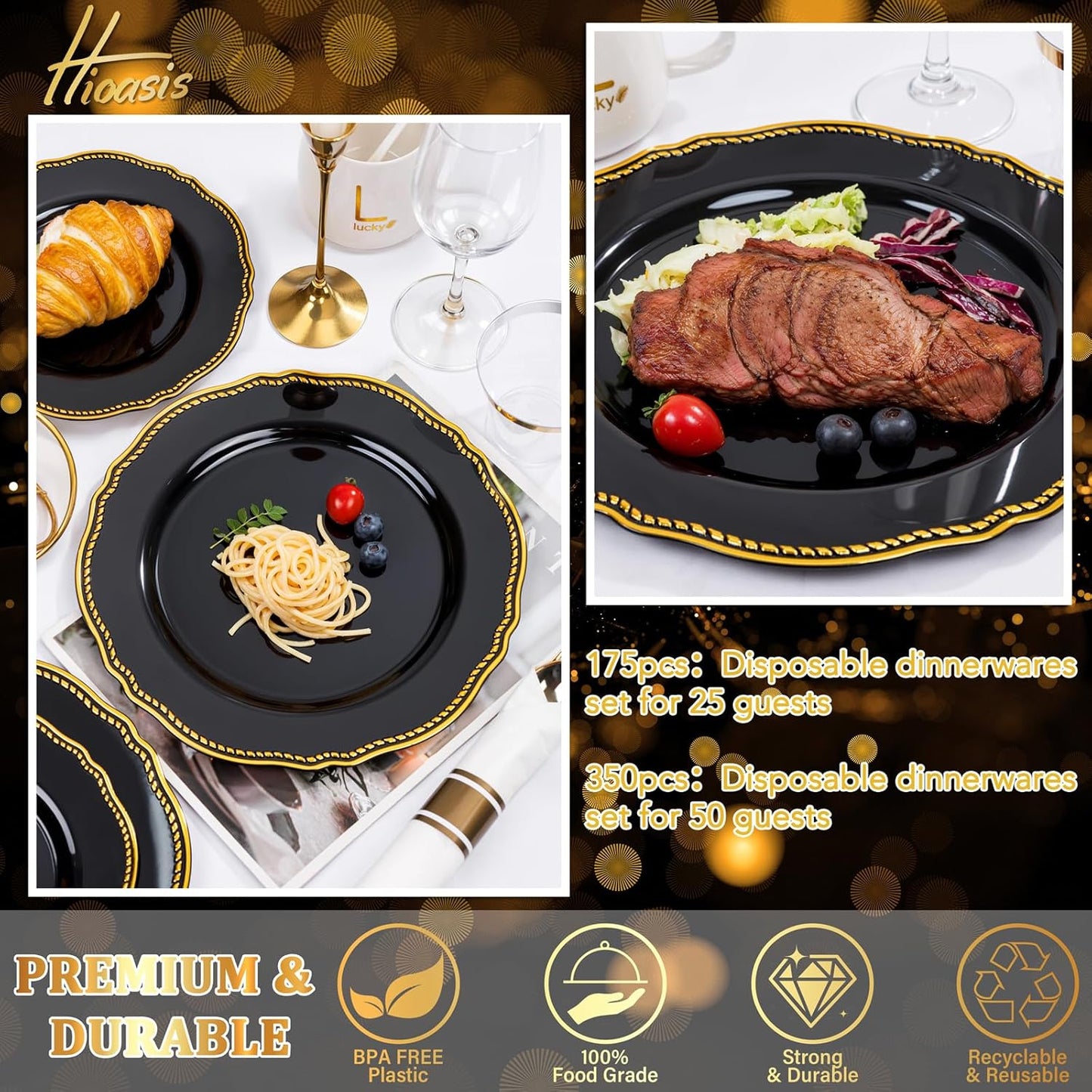 Hioasis 350pcs Black and gold Plastic Plates - Gold Plastic Dinnerware Set Includes 50 Dinner Plates, 50 Dessert Dinnerware, 50 Cups, 50 Rolled Napkin Cutlery Perfect for Wedding & Halloween