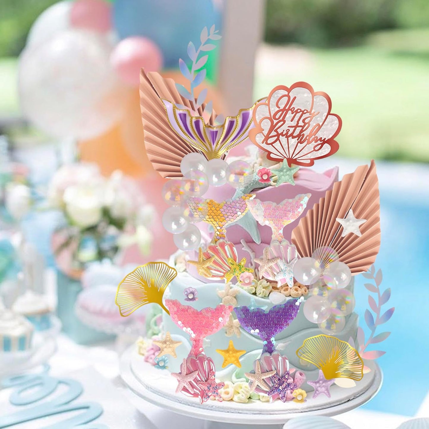 Rsstarxi 30 Pack Mermaid Theme Cake Decoration Shell Starfish Bubble Mermaid Cake Pick Decoration for Under the Sea Theme Girls Birthday Party Cake Decorations