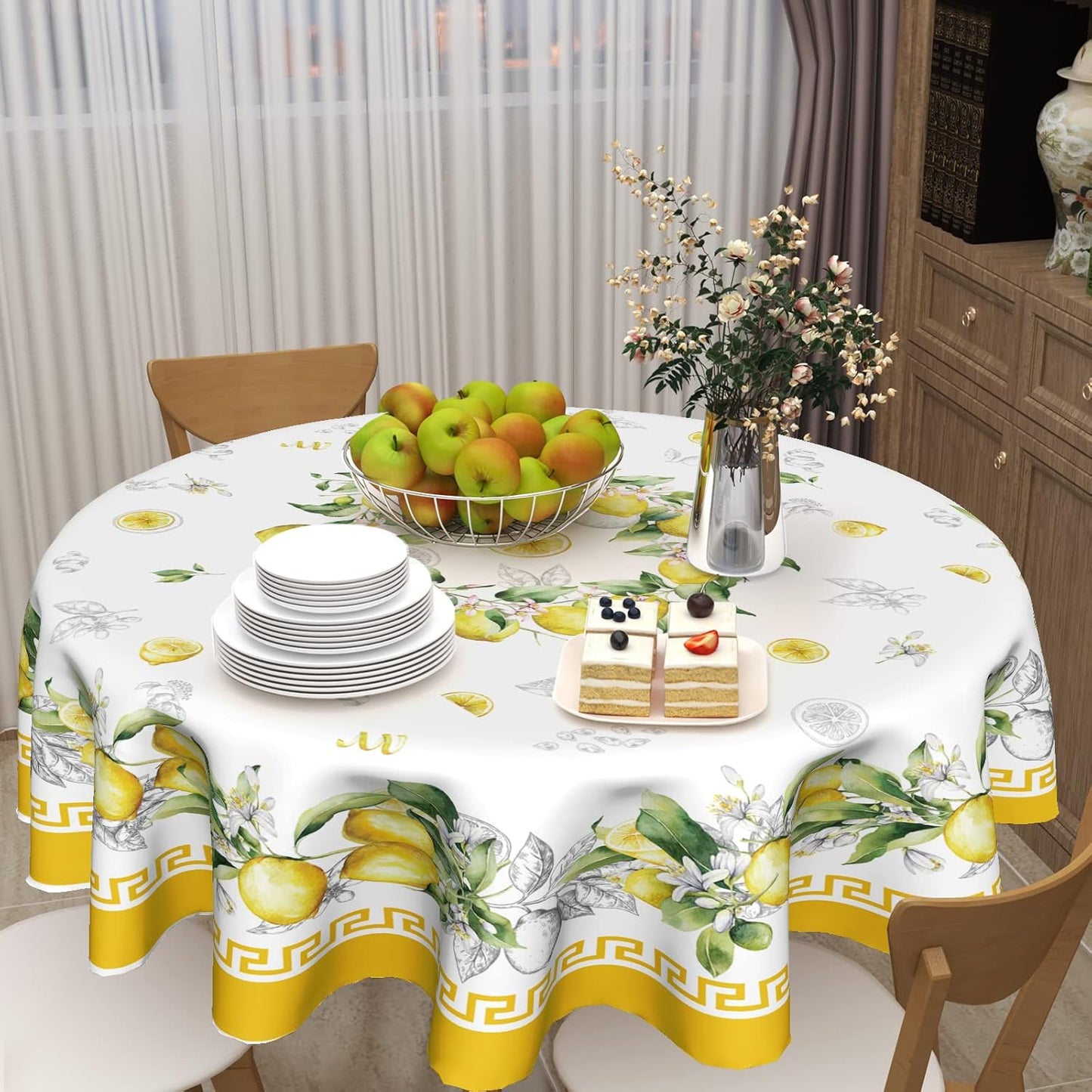 Giwawa Lemon Round Tablecloth 60 inch, Yellow Citrus Fruit Summer Flower Table Cover, Vintage Style Wrinkle Free Circular Table Cloth for Kitchen Dining Party Holiday Decor